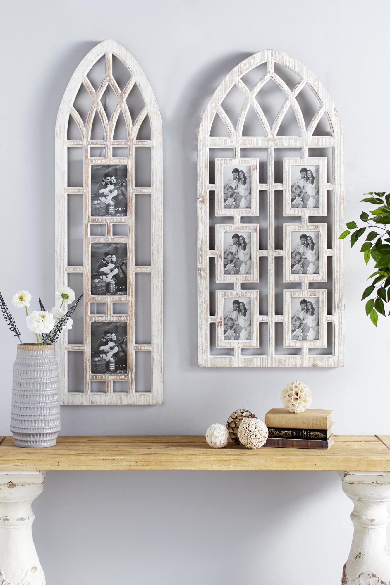 Light Brown Wooden Slim Arched Window Inspired 3 Slot Ornate Wall Photo Frame