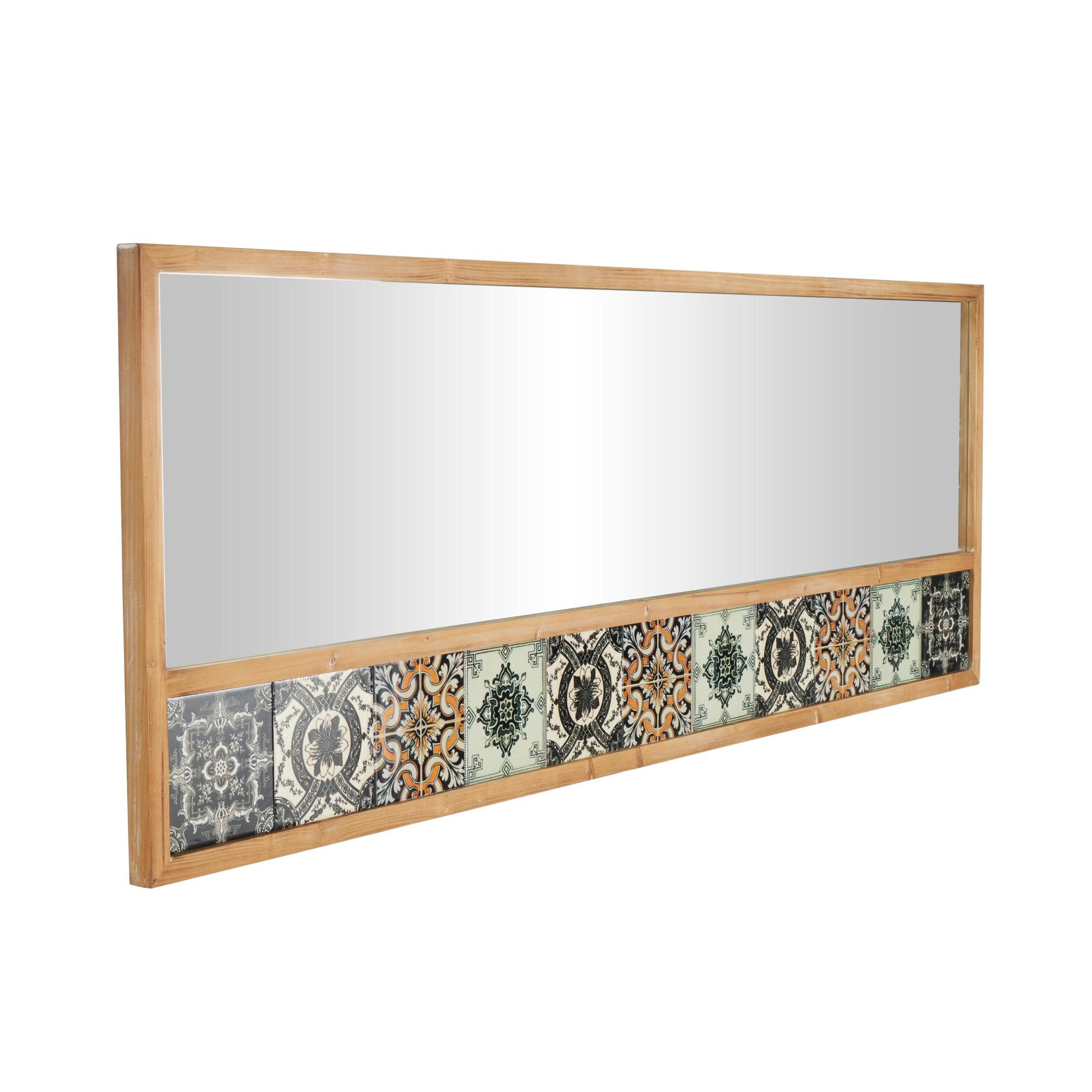 Floral Brown Wood Room Wall Mirror with Patterned Mosaic Tile Edge