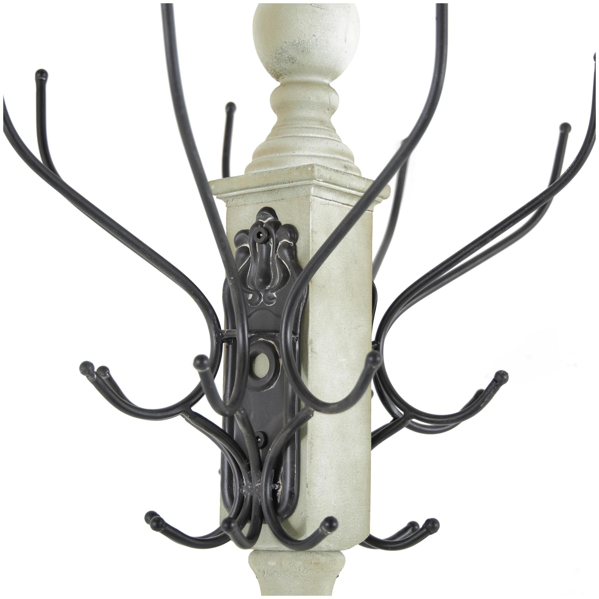 Scroll Gray Wood Vintage Style 12 Hook Freestanding Coat Rack with Black Metal Hooks