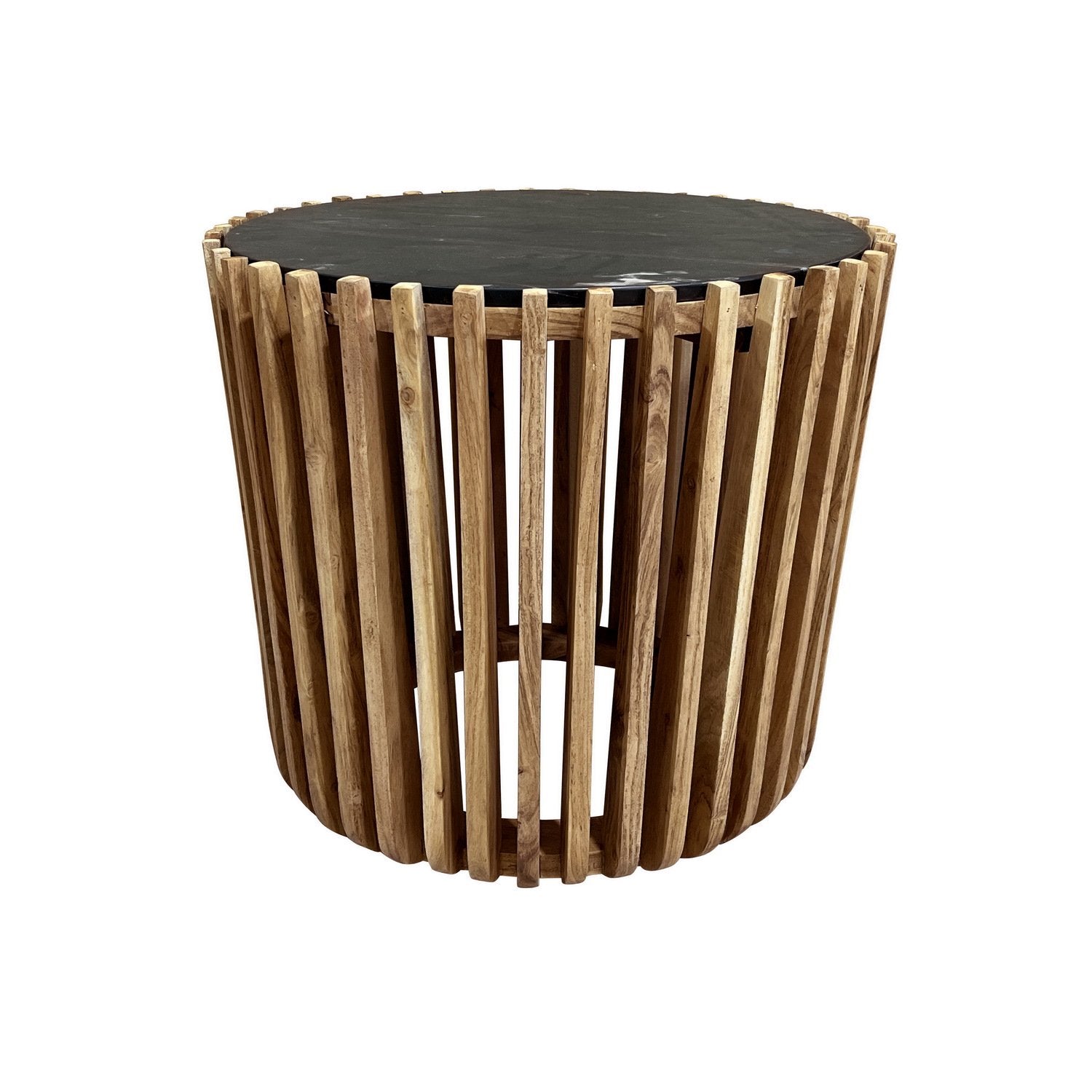 Brown Wood Slatted Open Framed Drum Side End Accent Table with Black Marble Tabletop