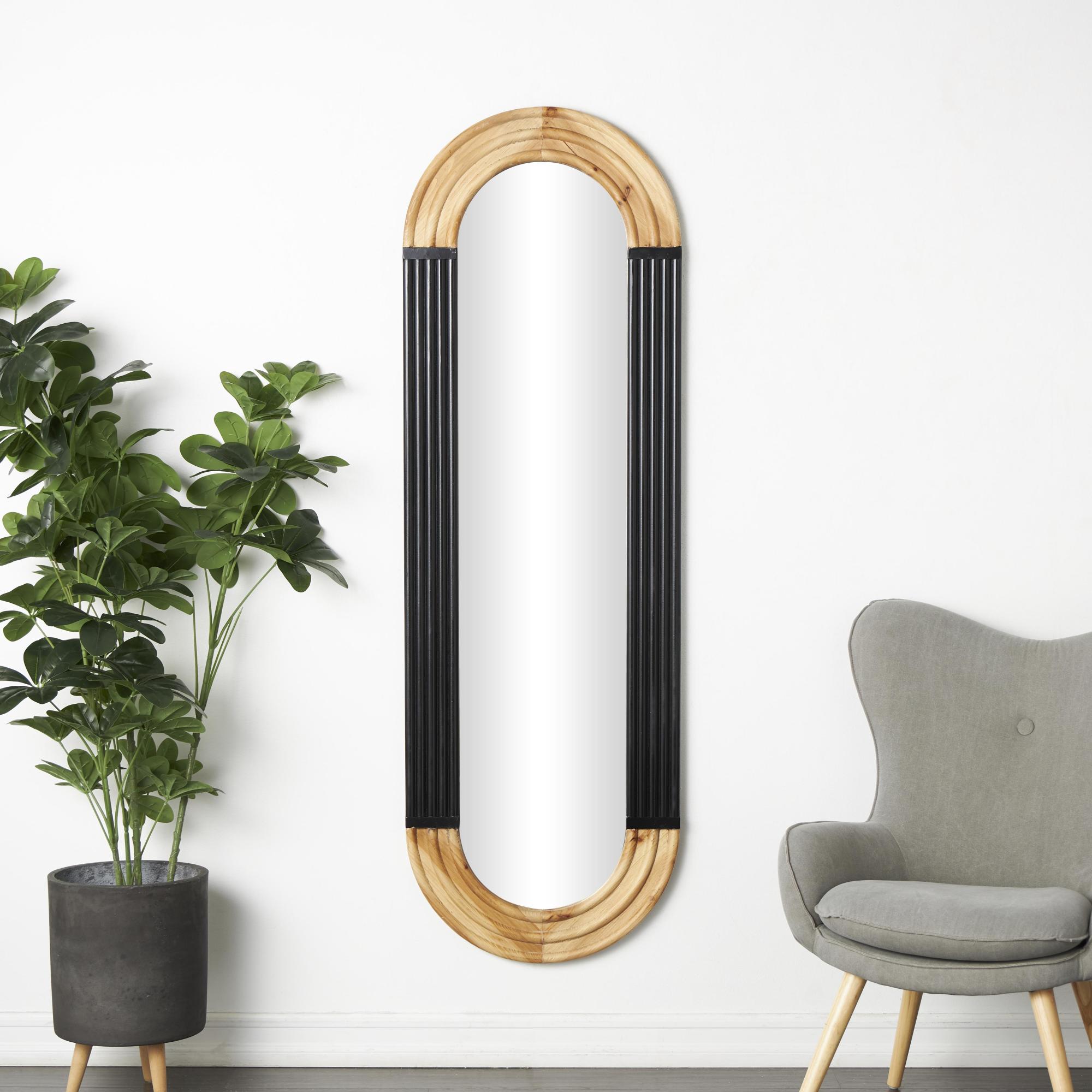 Wooden Ribbed Oval Room Wall Mirror with Brown Accents