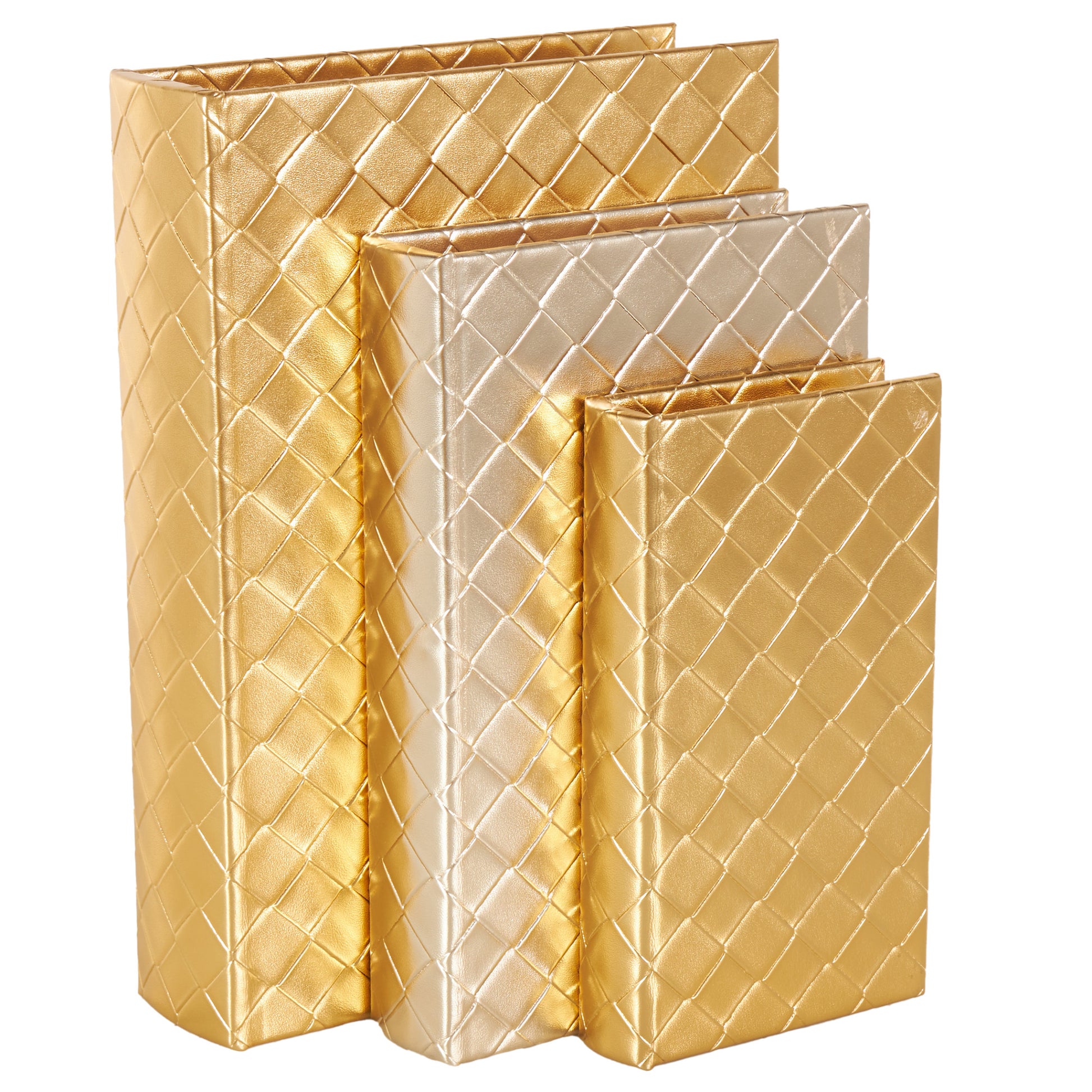 Set of 3 Geometric Gold Faux Leather Metallic Textured Diamond Faux Book Storage Decorative Box