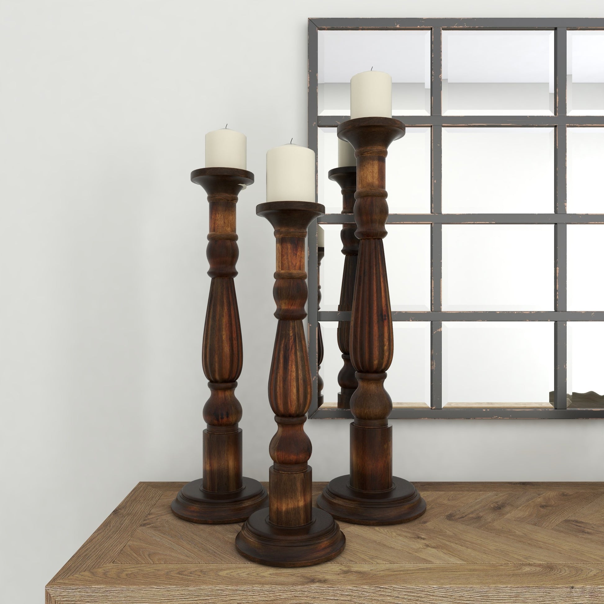 Set of 3 Brown Mango Wood Tall Turned Decorative Candle Holder