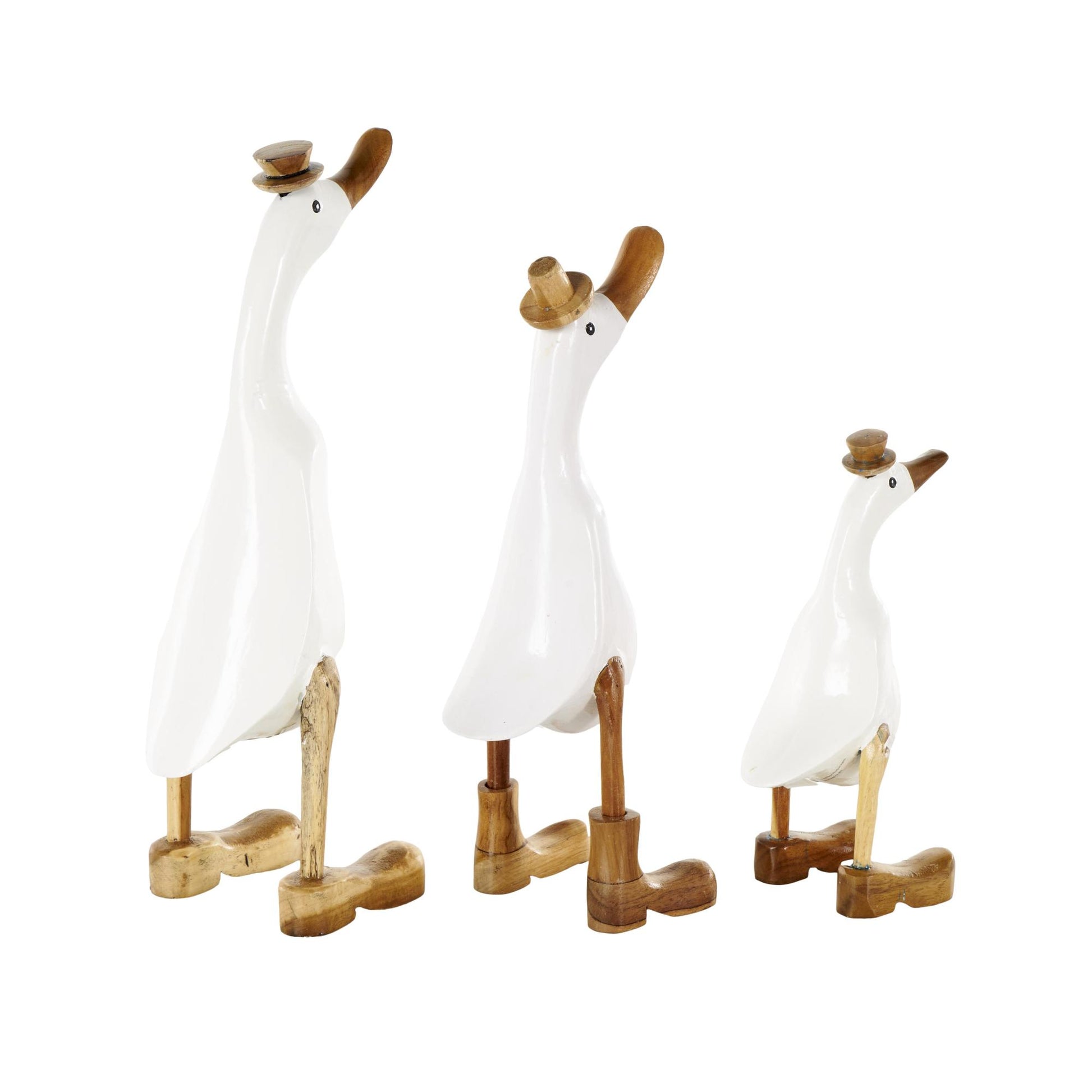 Set of 3 Duck White Bamboo Wood Decorative Sculpture with Brown Top Hats and Shoes