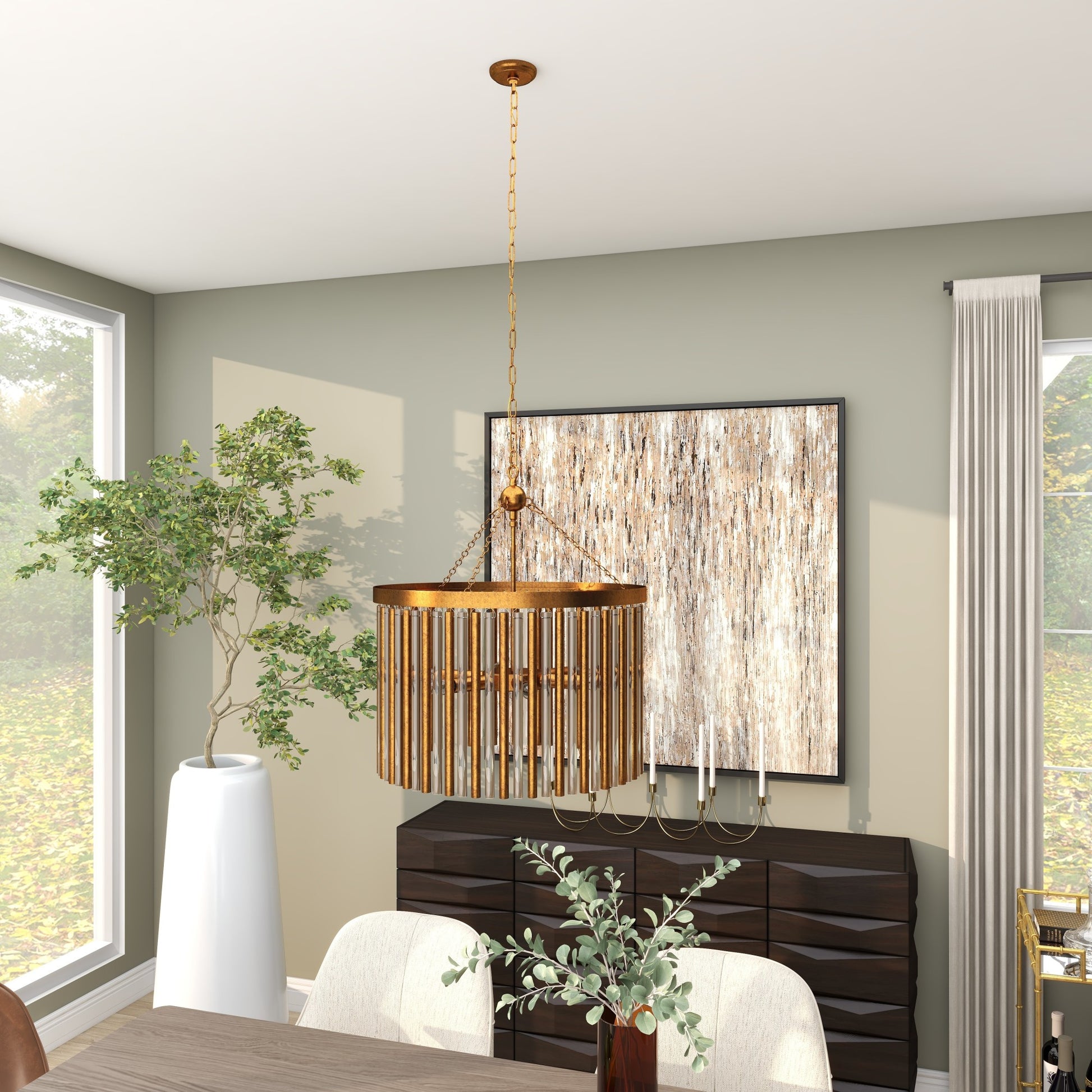 Brass Metal Crystal Rod Embellished 6 Light Room Chandelier with Link Style Chain