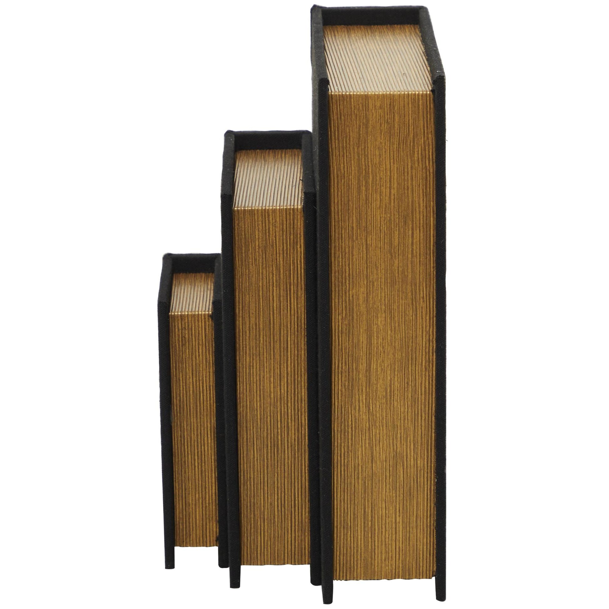 Set of 3 Linen Fabric Textured Faux Book Storage Decorative Box with Gold Page Detailing
