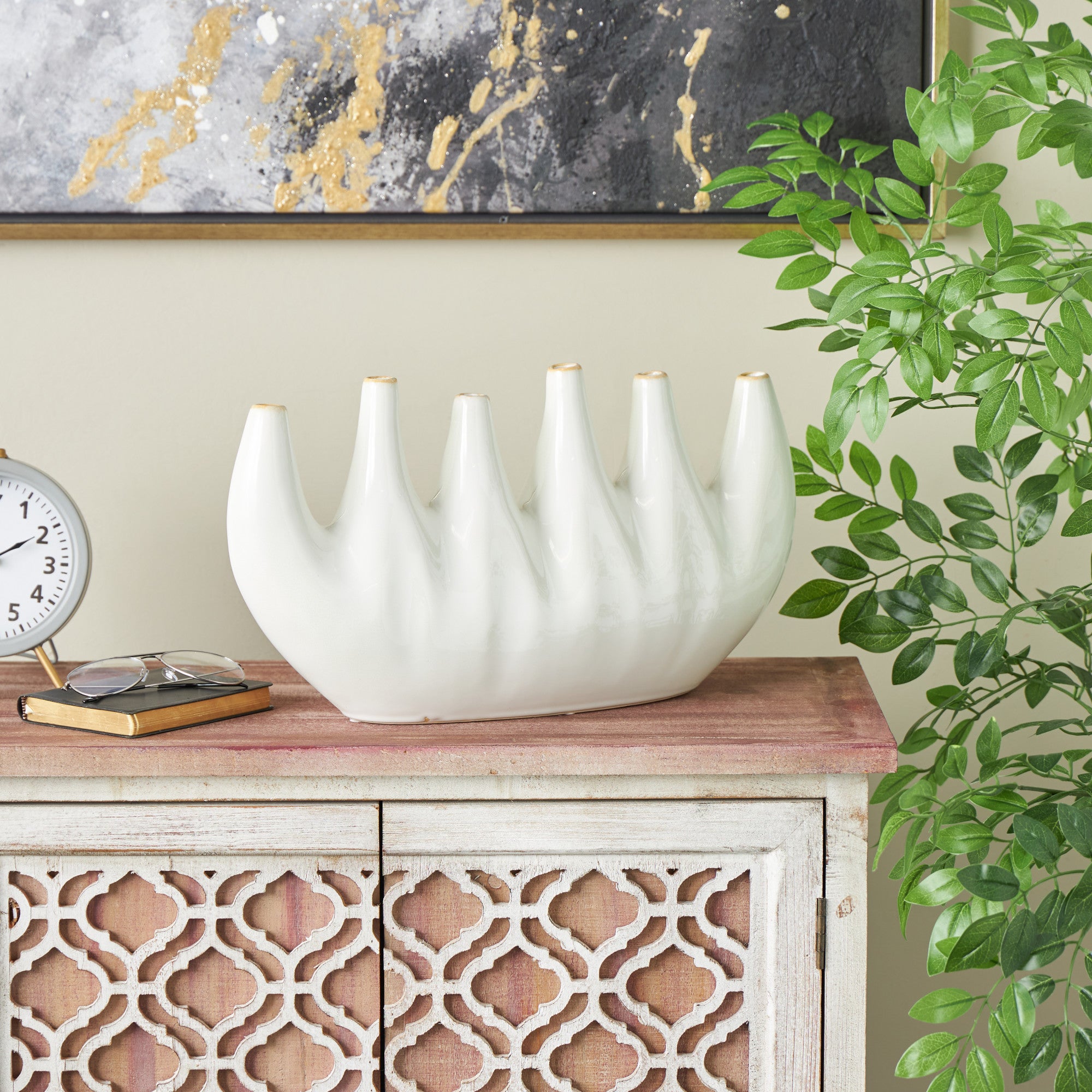 Abstract White Ceramic Decorative Vase with Multiple Openings