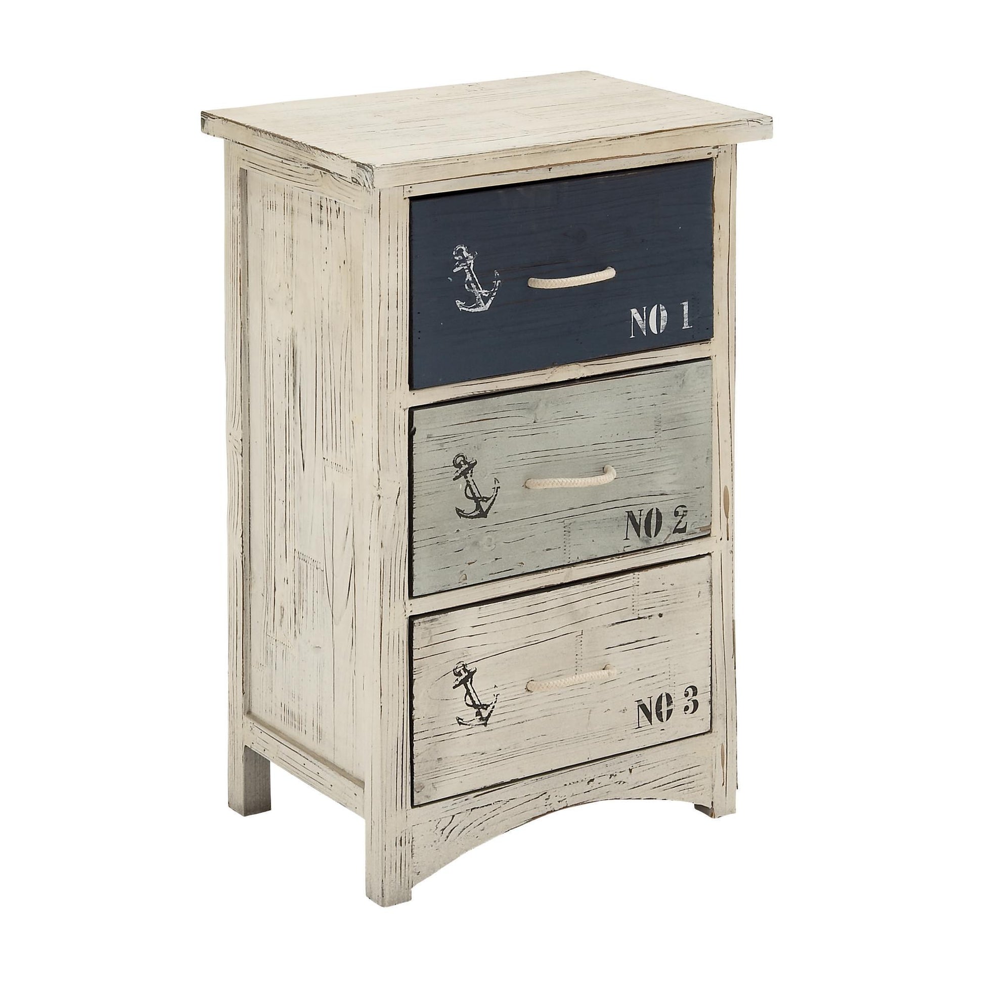 Anchor Blue Wooden Small Distressed Room Chest with 3 Numbered Drawers and Rope Handles