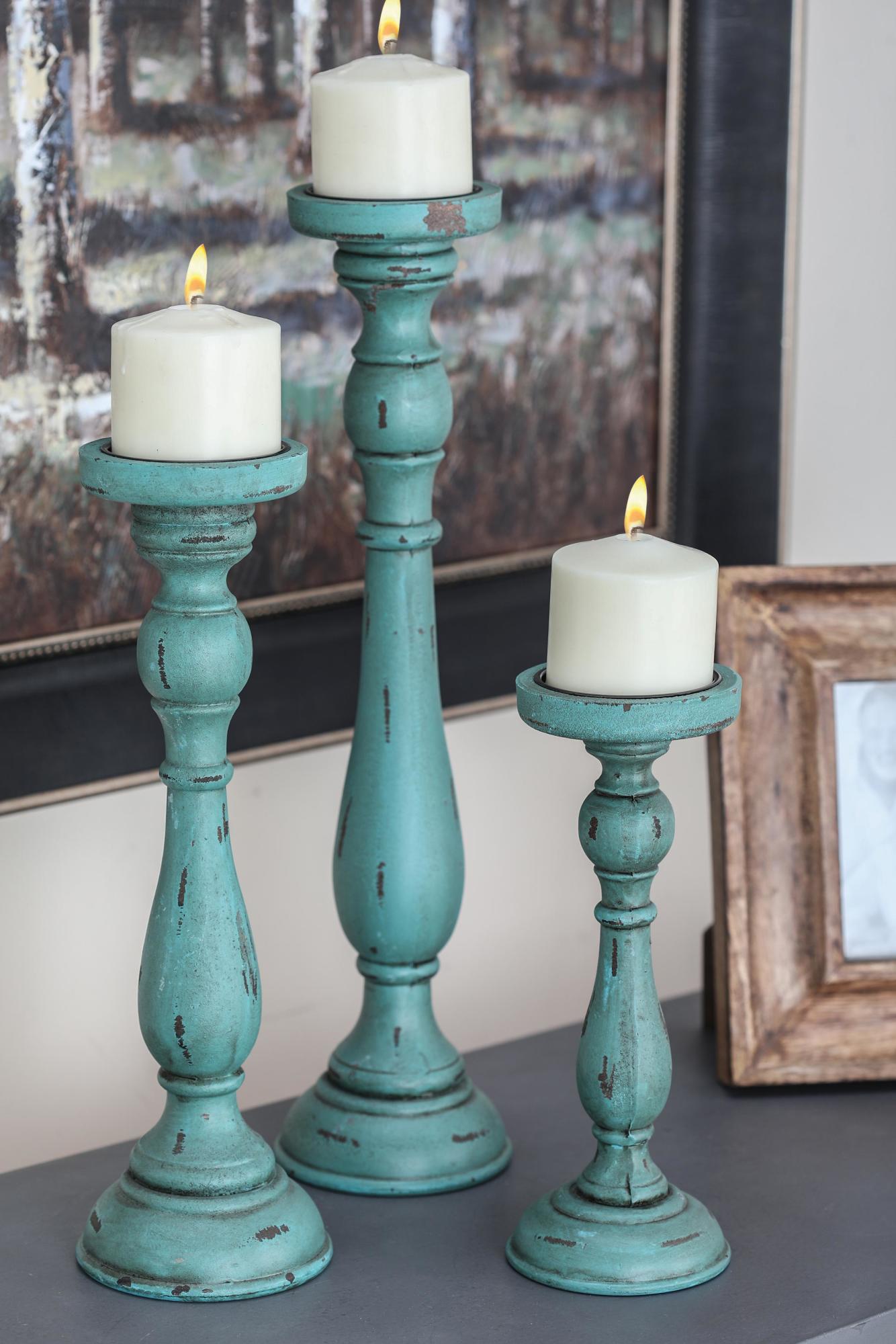Set of 3 Teal Wooden Distressed Turned Decorative Candle Holder
