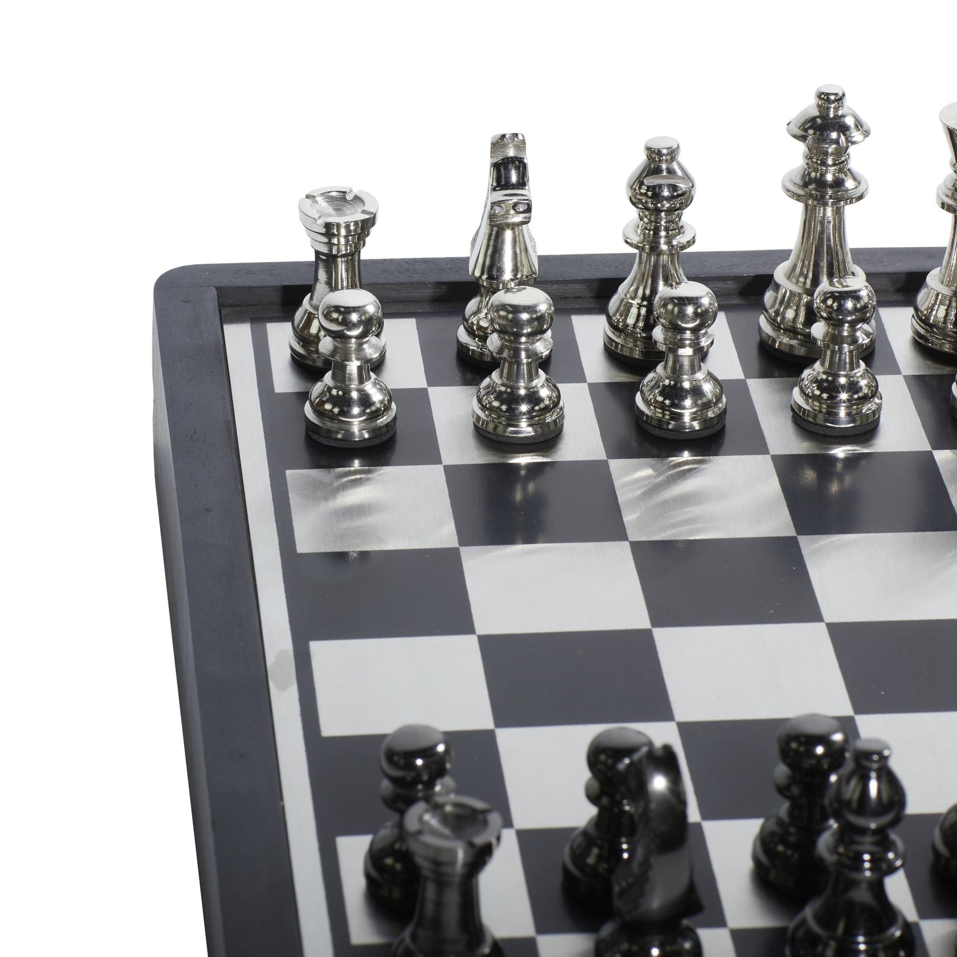 Chess Black Aluminum Metal Home Decor Game Set with Storage Compartment