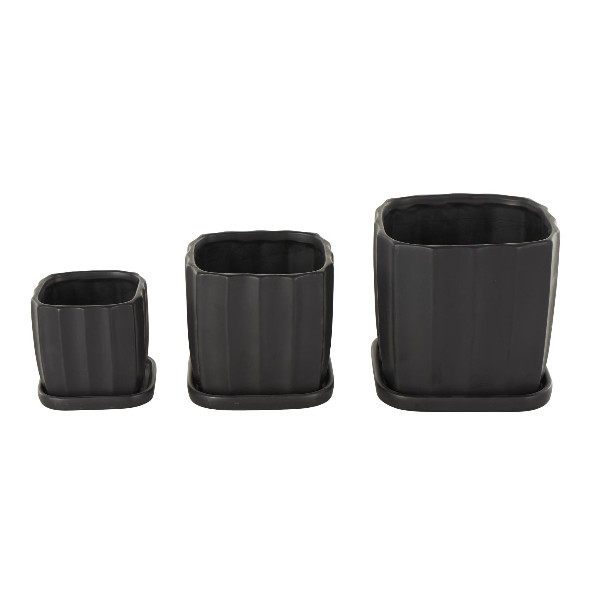 Set of 3 Ceramic Ribbed Indoor Outdoor Planter with Attached Saucer Set of 3 7", 6", 5"H