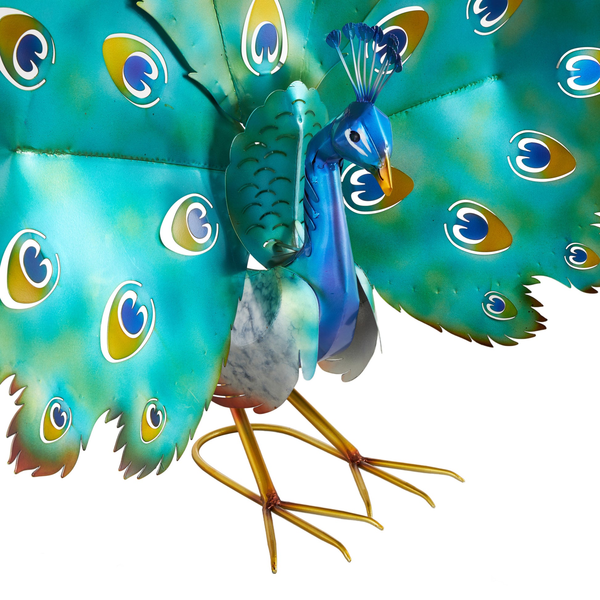 Peacock Blue Metal Decorative Garden Sculpture with Gold Legs and Teal Wings