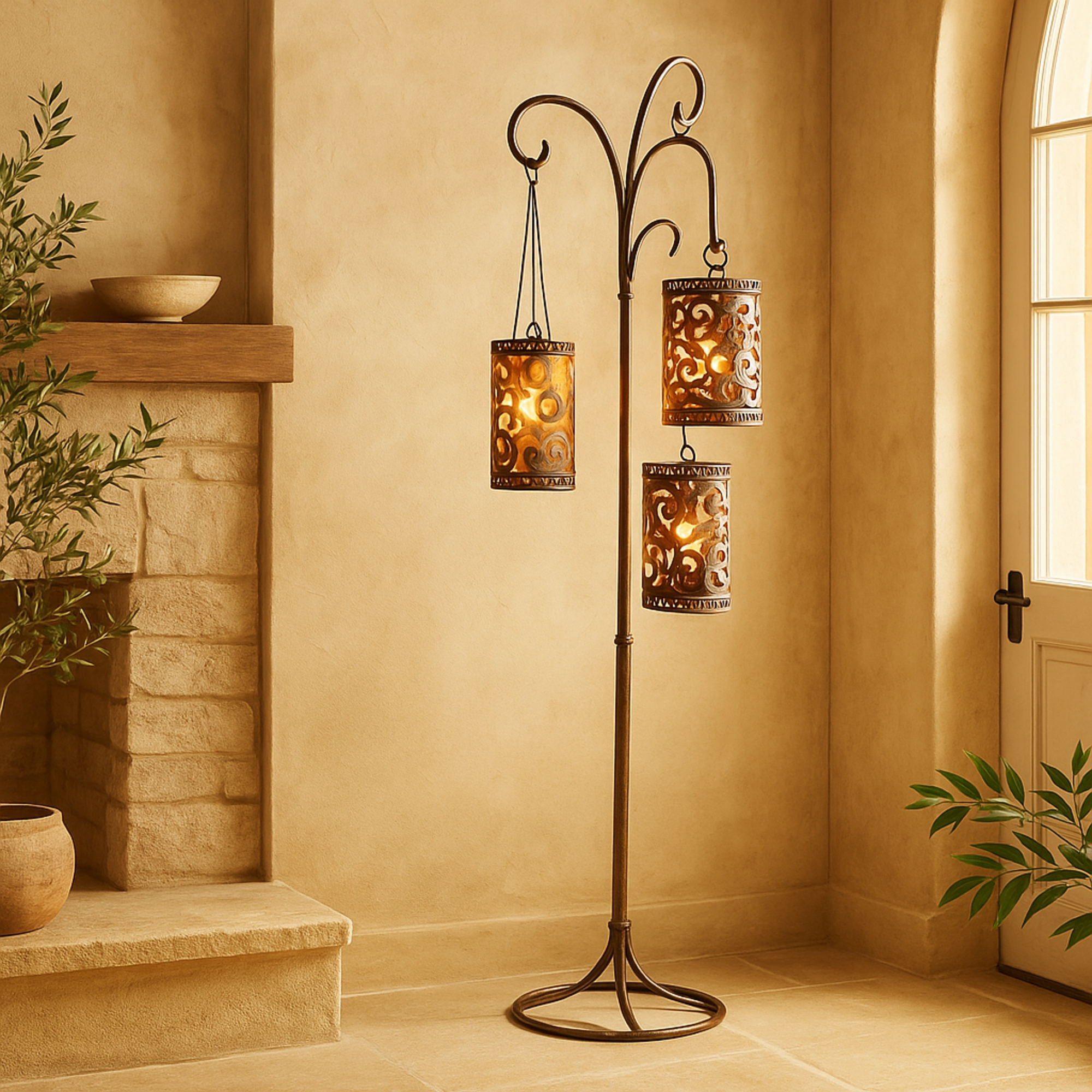 Scroll Brass Metal Perforated Moroccan Standing Floor Indoor Outdoor Candle Lantern with 3 Suspended Holders