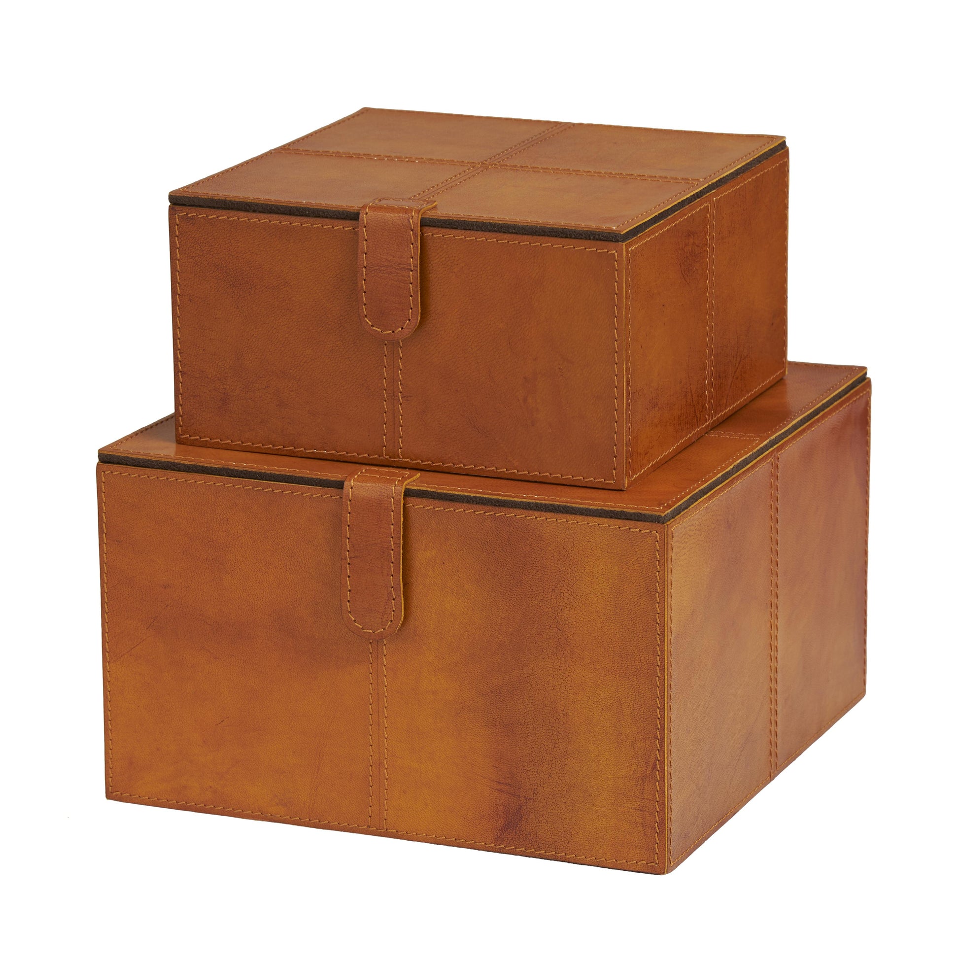 Set of 2 Leather Handmade Storage Decorative Box with Snap Front Closure and Detailed Stitching