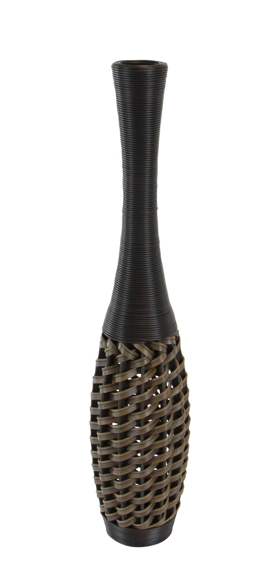 Brown Faux Seagrass Tall Woven Floor Decorative Vase with Dark Brown Wrapped Neck