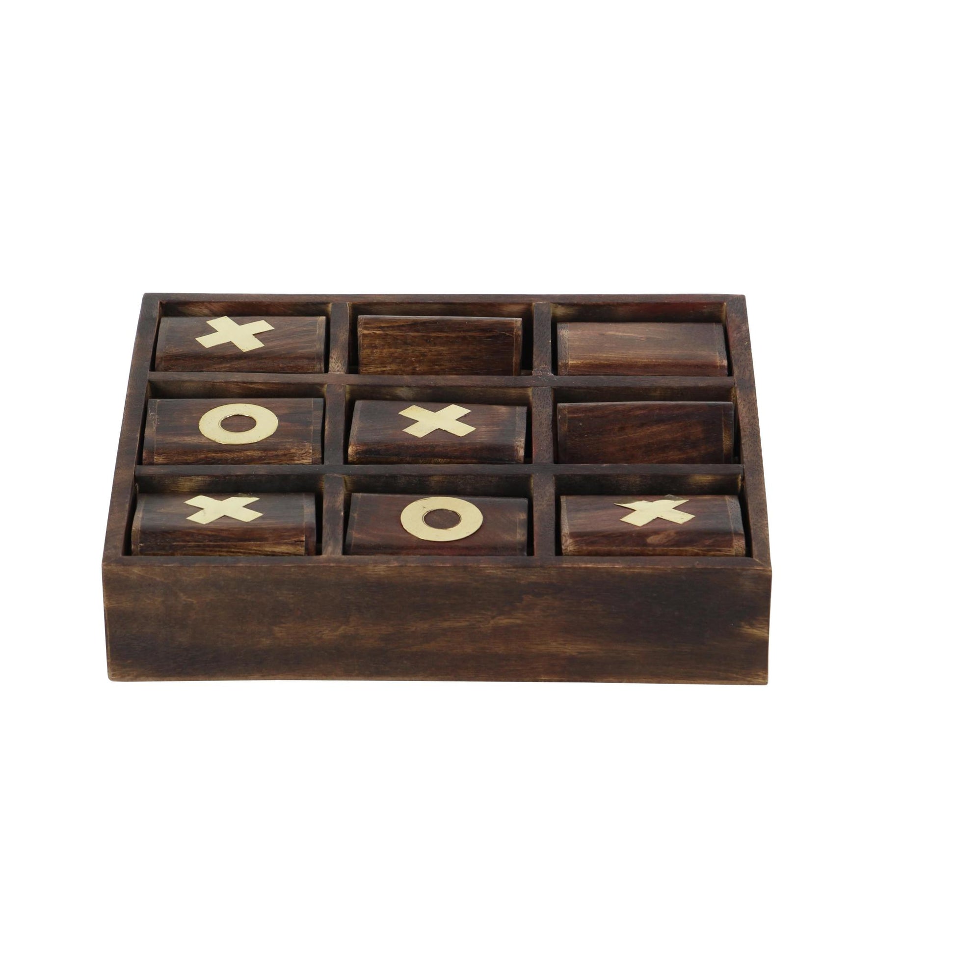 Tic Tac Toe Dark Brown Mango Wood Home Decor Game Set with Gold Inlay