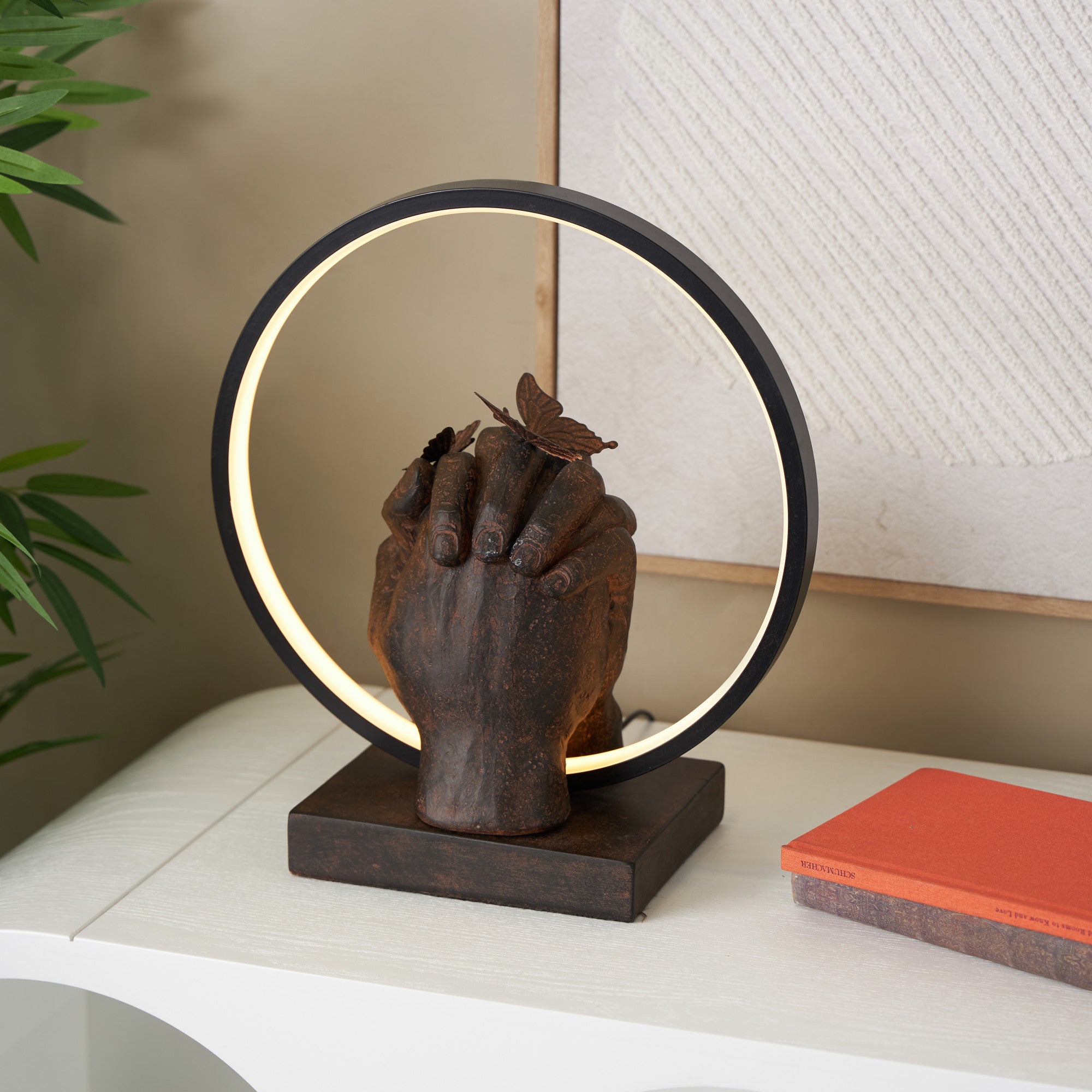 Hands Black Resin Holding Room Table Lamp with Butterfly Accents