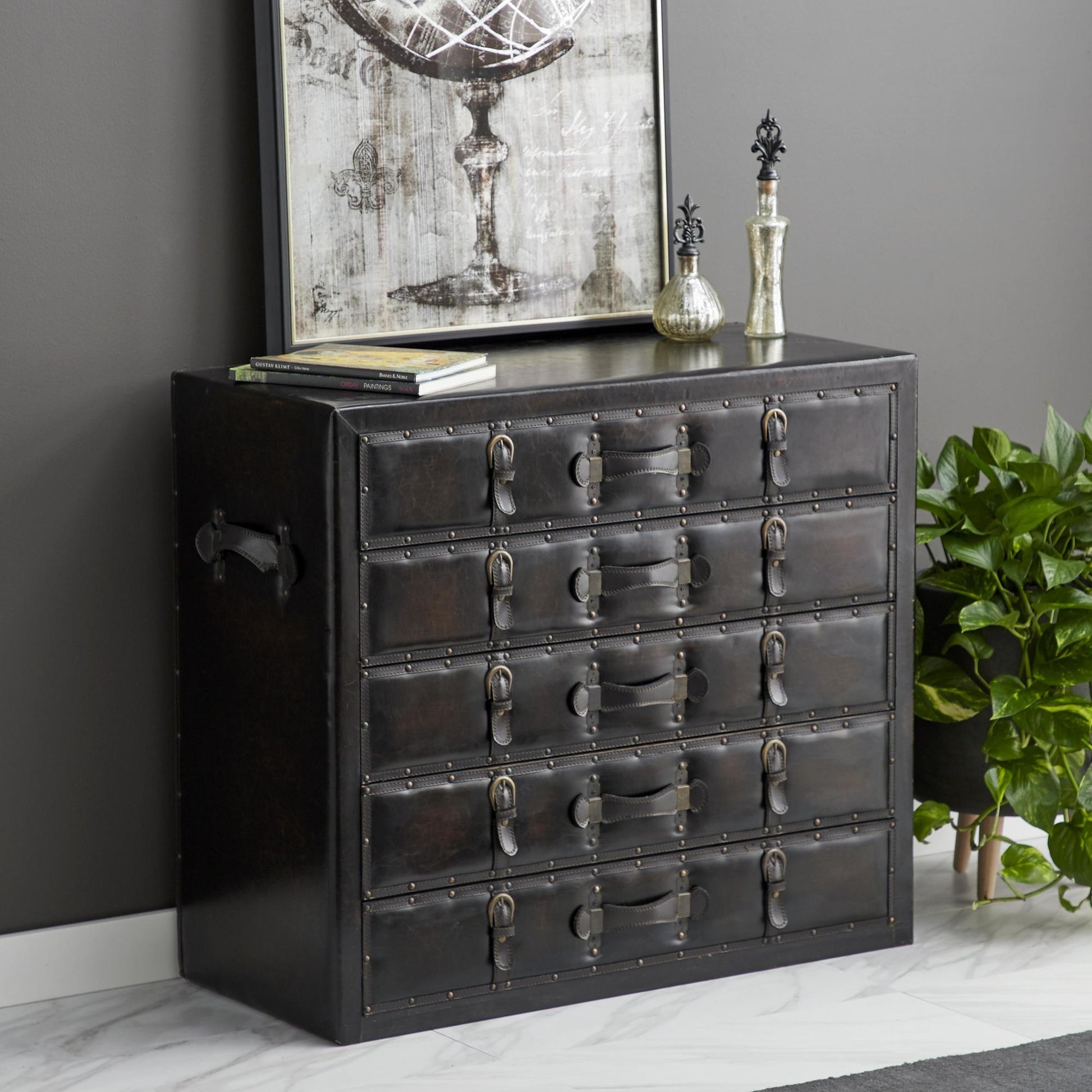 Black Faux Leather Vintage Trunk Room Chest with Gold Studs and Buckle Detailing