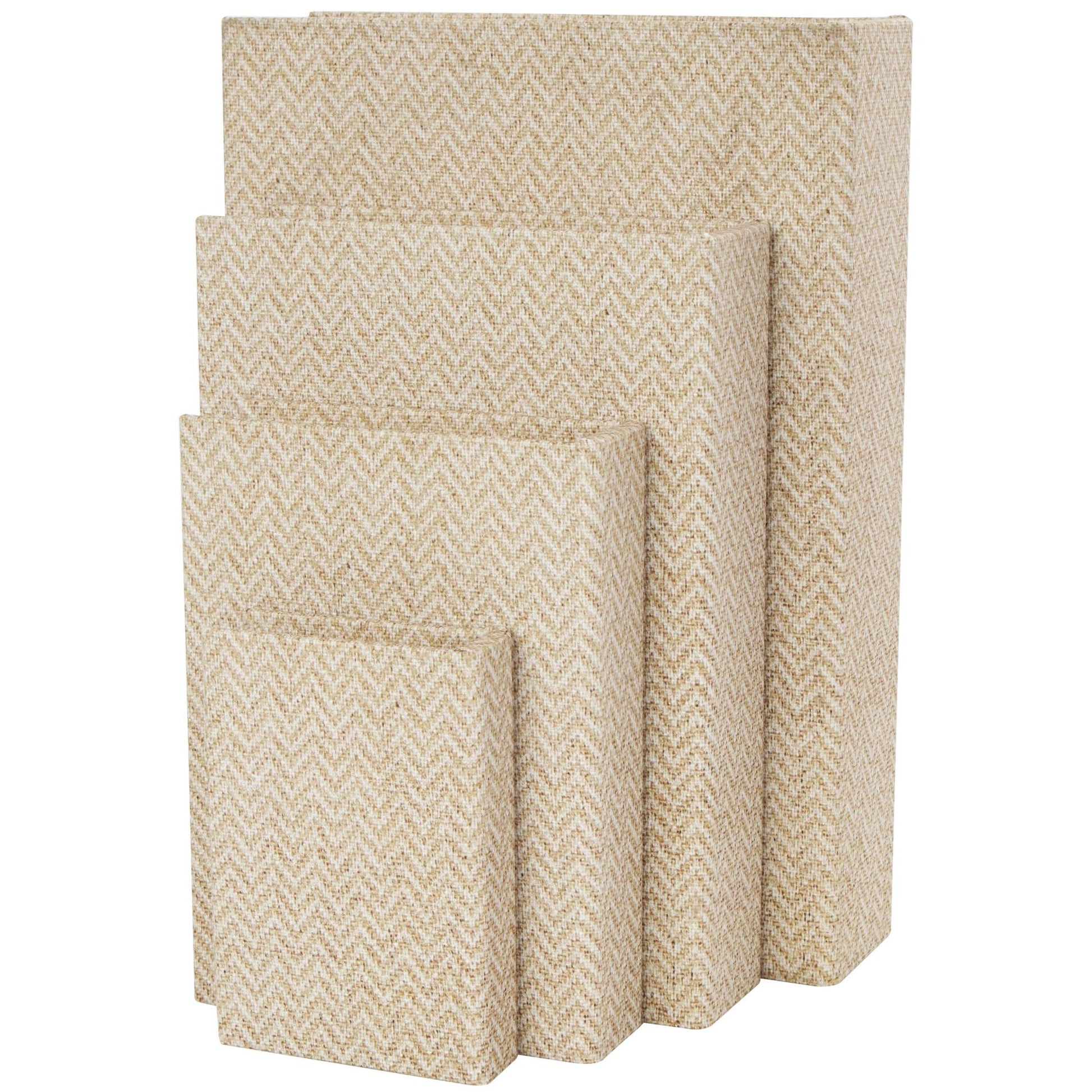 Set of 3 Linen Fabric Chevron Patterned Book Storage Decorative Box Set of 3 12", 9", 6"H