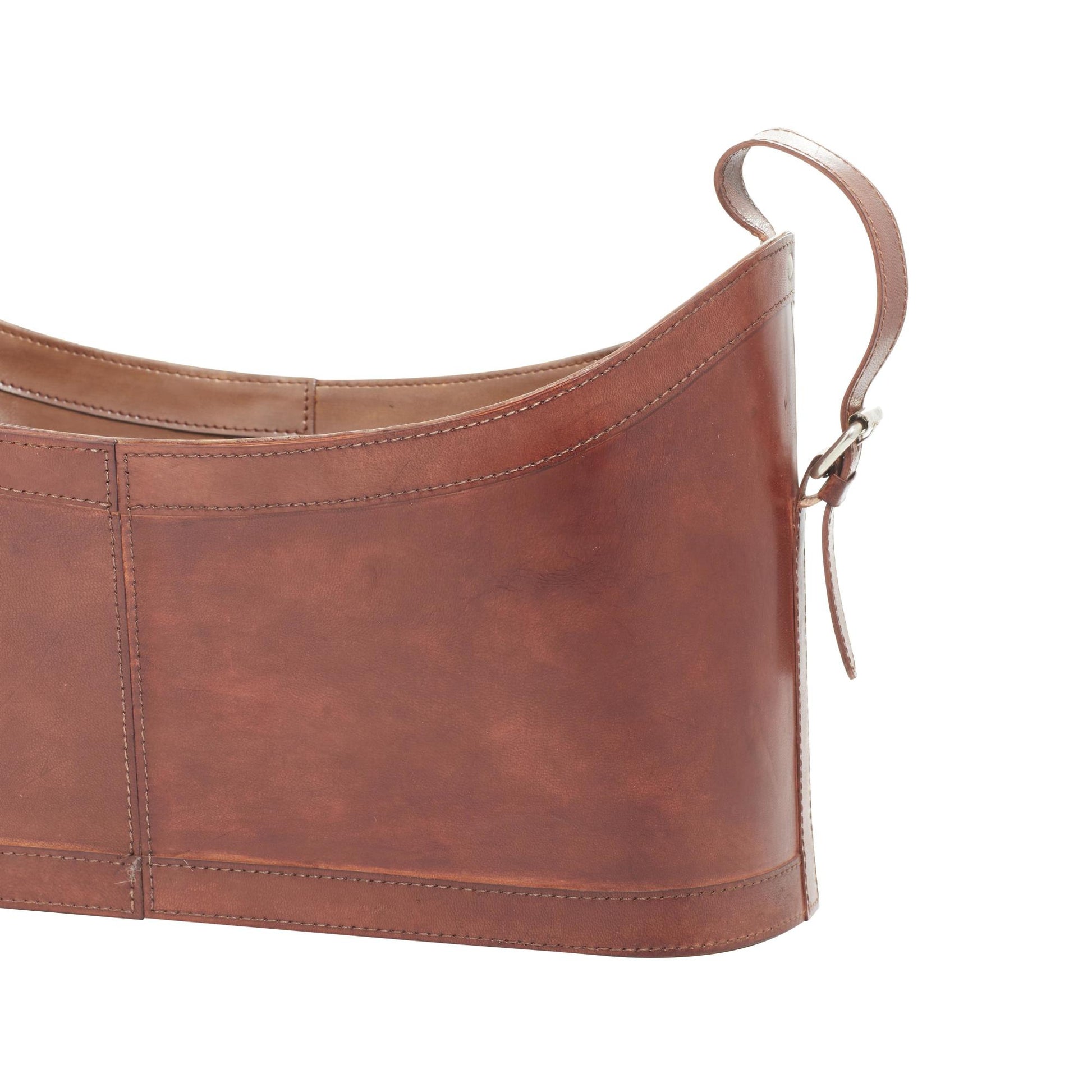 Brown Leather Handmade Curved Box Style Single Slot Decorative Magazine Holder with Buckle Handles