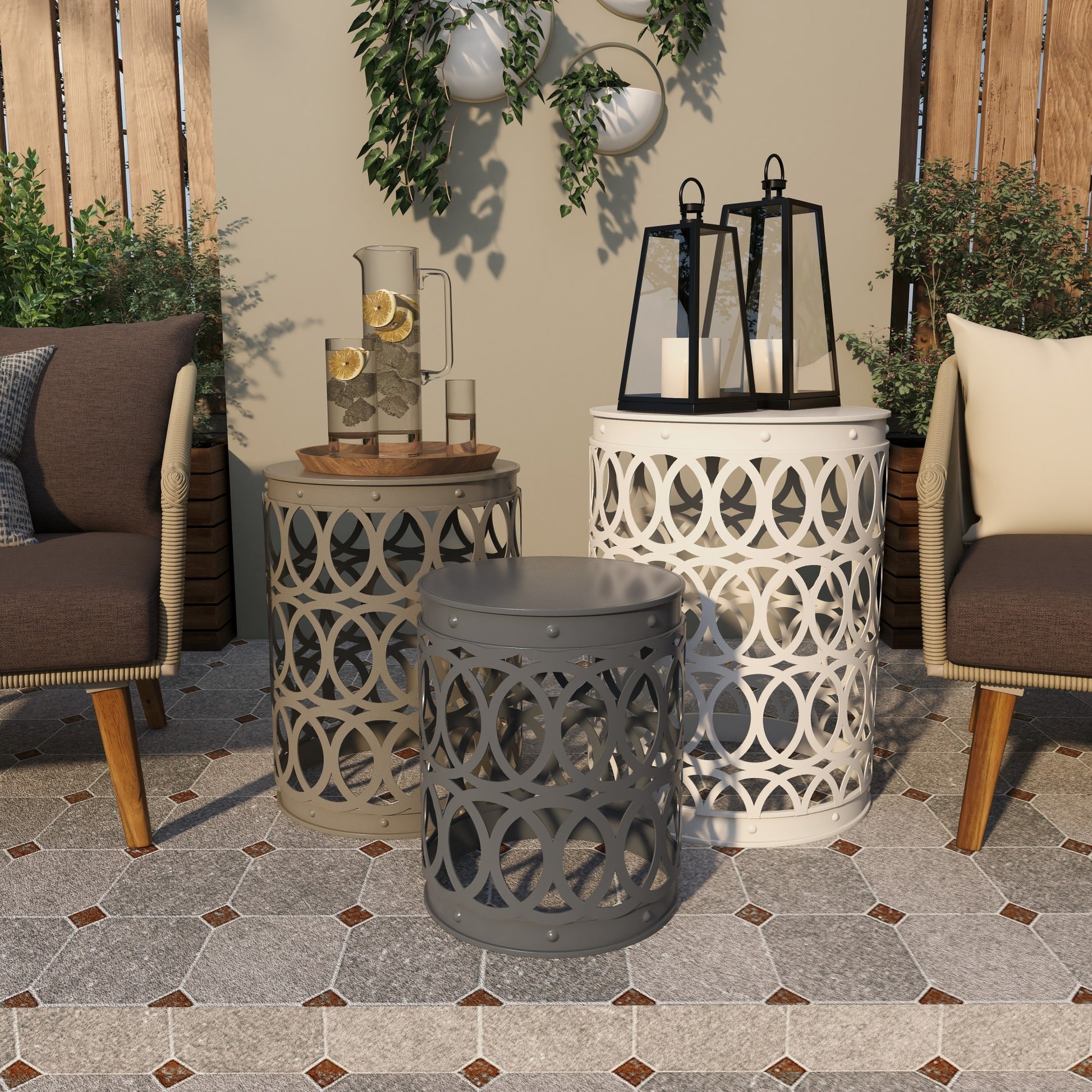 Set of 3 Metal Indoor Outdoor Nesting Side End Accent Table with Carved Trellis Design Set of 3 22", 18", 15"H