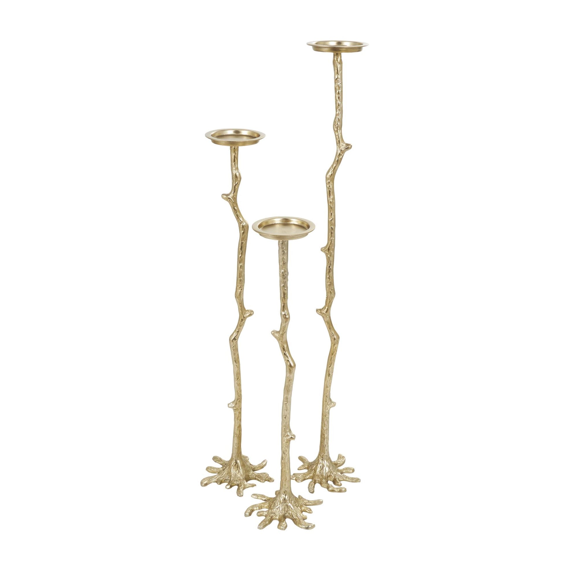 Set of 3 Abstract Gold Aluminum Metal Tall Floor Decorative Candle Holder with Stick Inspired Design