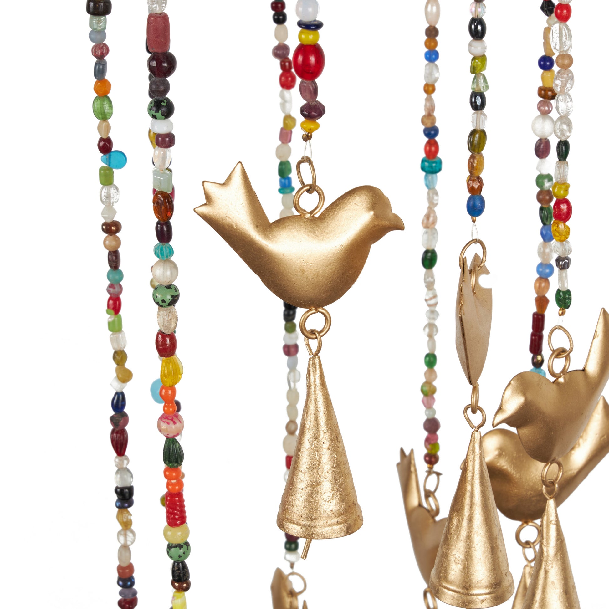 Bird Gold Metal Handmade Indoor Outdoor Windchime with Glass Beads and Cone Bells