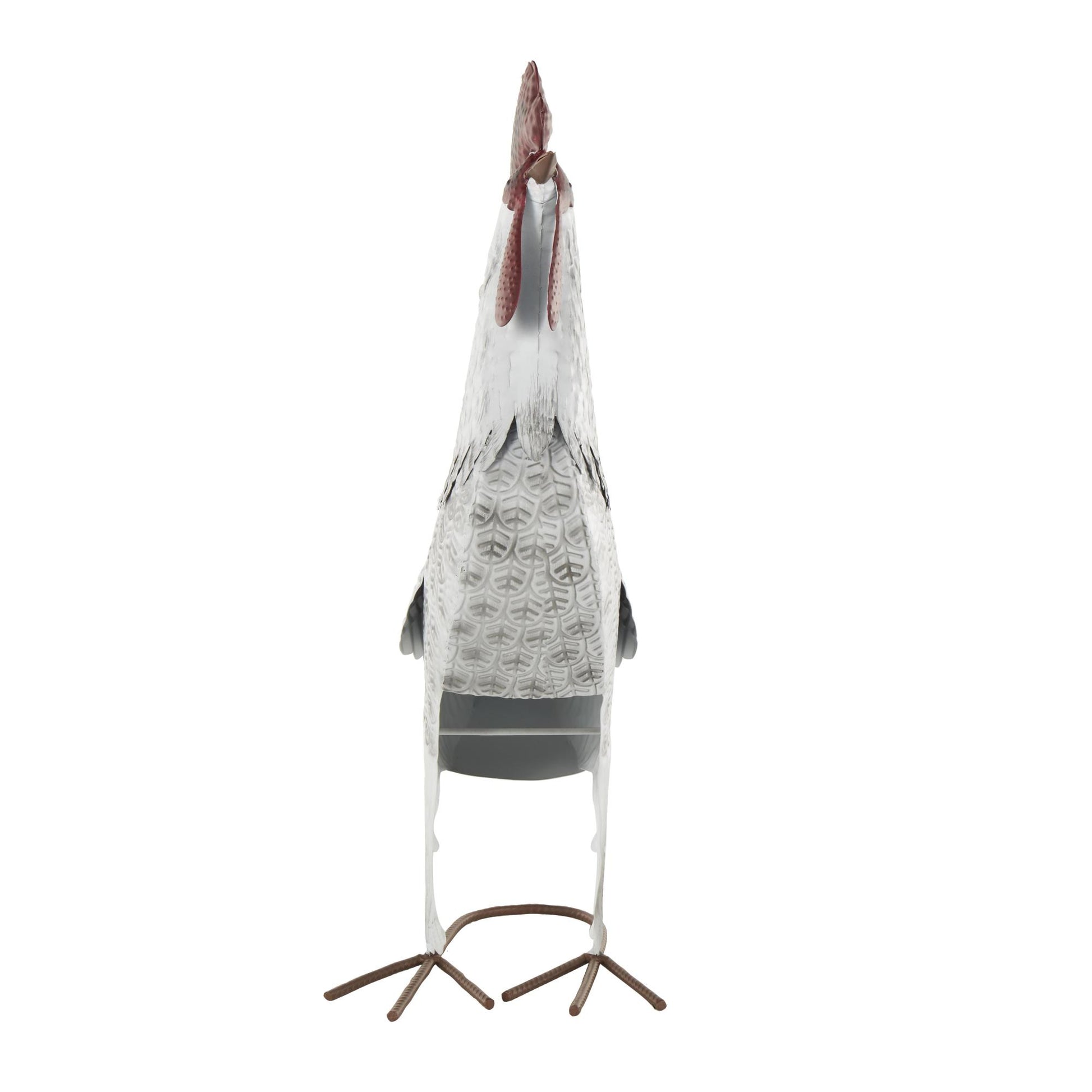 Rooster White Metal Decorative Garden Sculpture with Black Texturing and Red Accents
