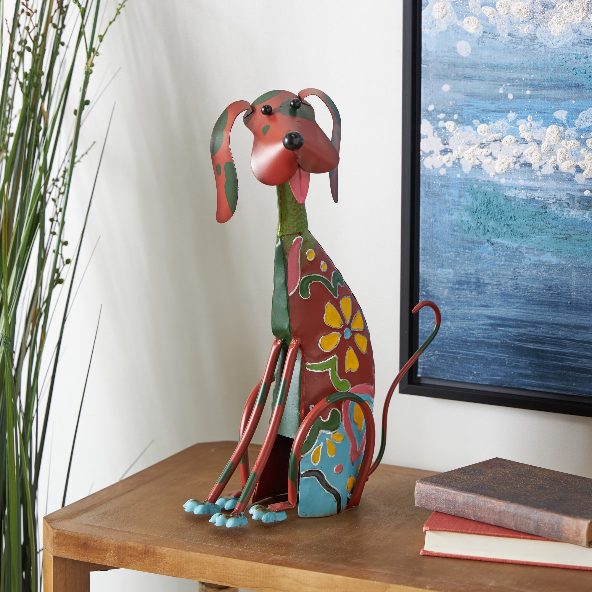 Dog Multi Colored Metal Indoor Outdoor Decorative Garden Sculpture with Floral Pattern