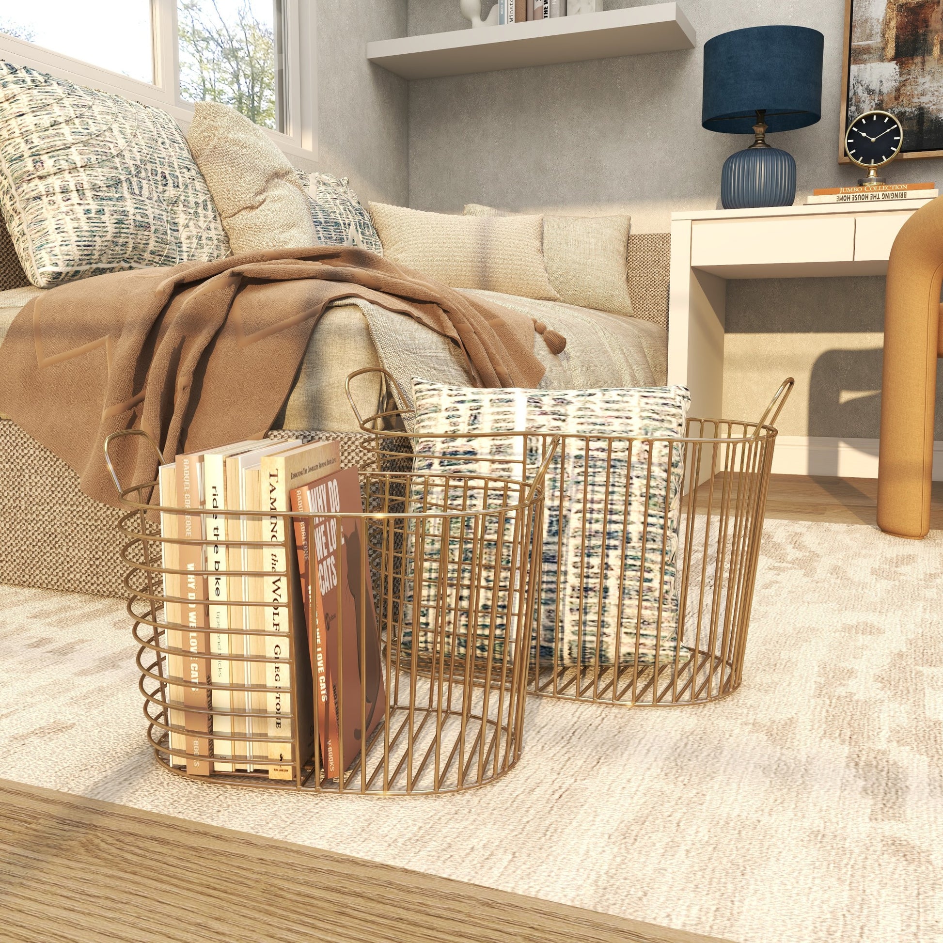 CosmoLiving by Cosmopolitan Set of 2 Metal Wire Oval Decorative and Functional Storage Basket with Handles