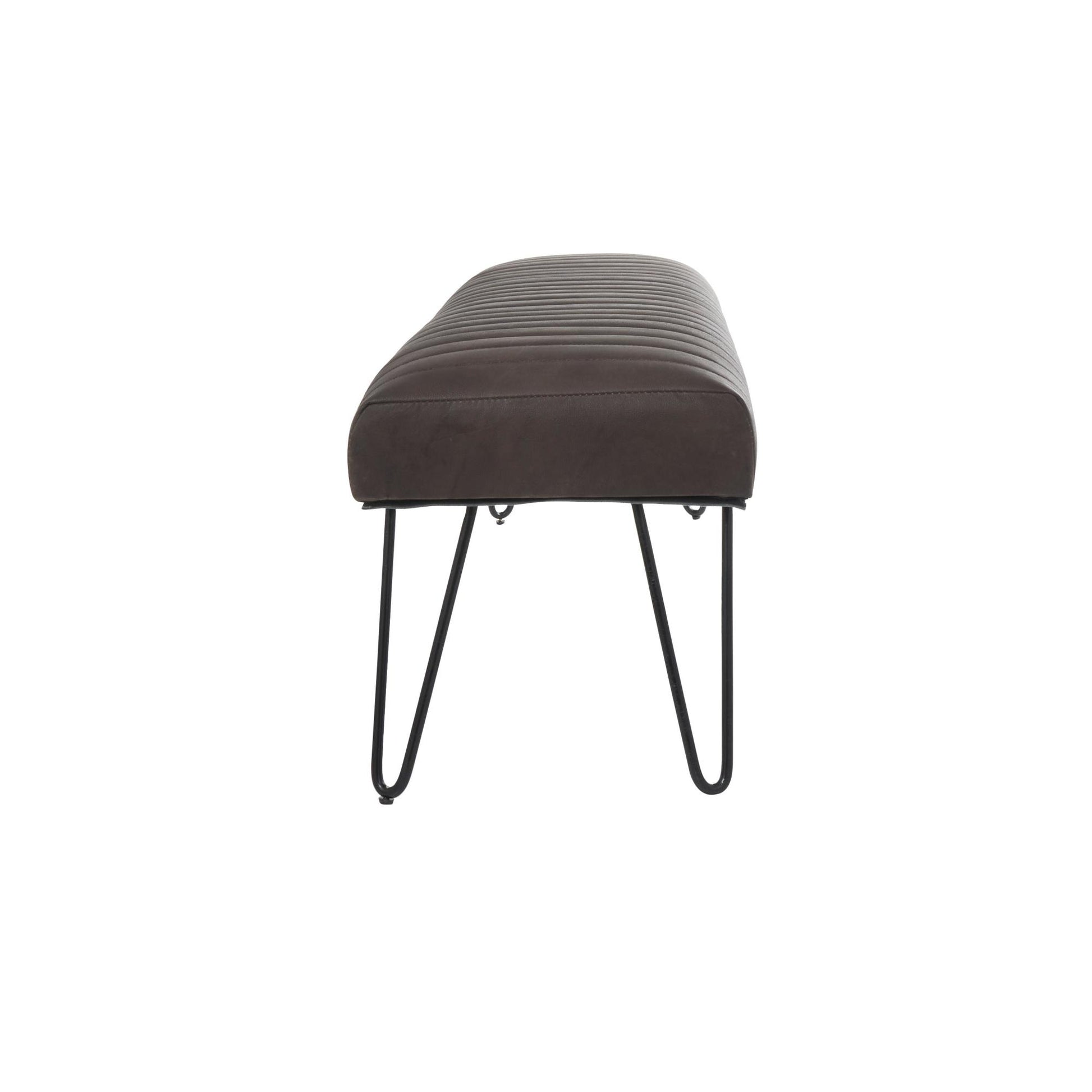 Leather Upholstered Home Bench with Linear Tufted Panels and Black Metal Hairpin Legs