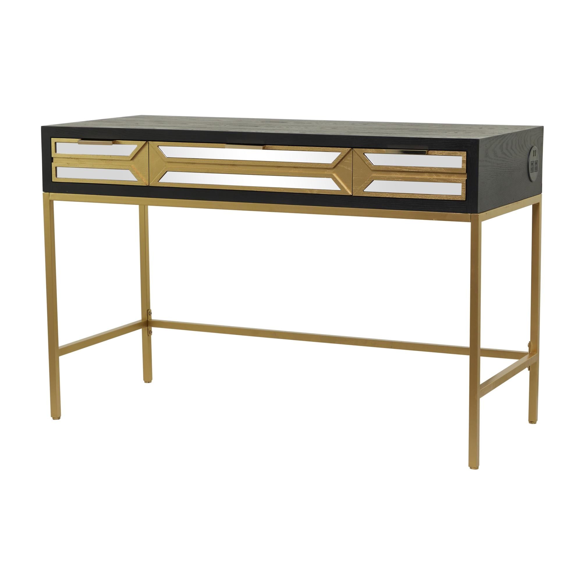 Black Wooden 3 Drawer Desk with Mirrored Front and Outlet