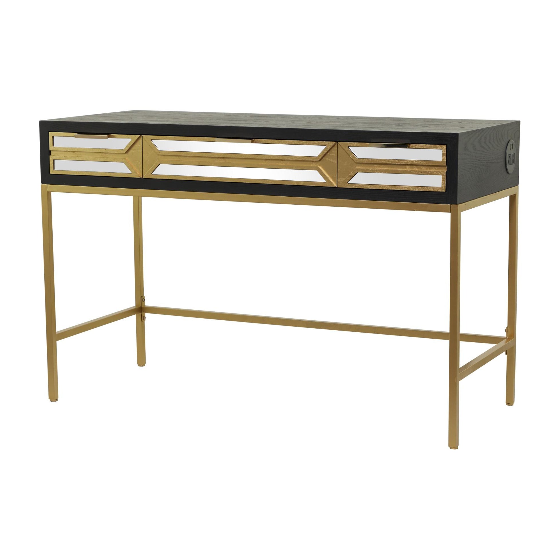 Black Wooden 3 Drawer Desk with Mirrored Front and Outlet