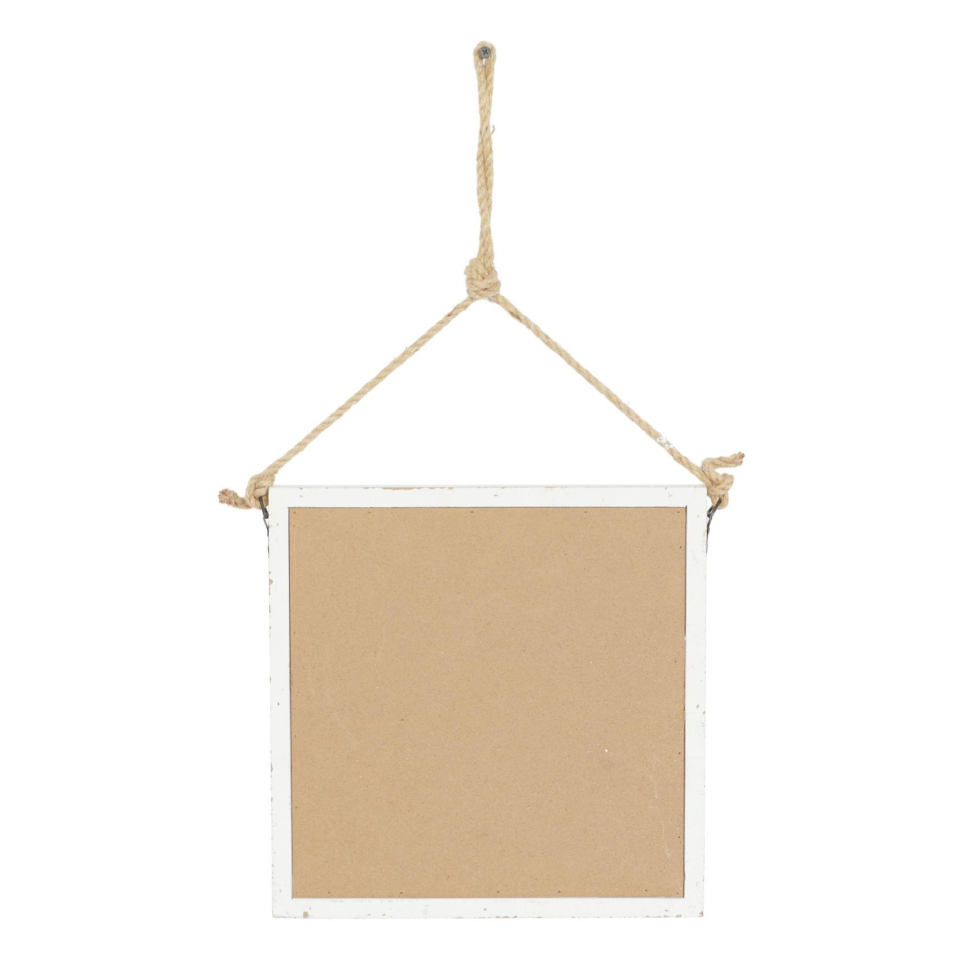 Set of 4 Geometric White Wood Distressed Small Square Room Wall Mirror with Jute Hanging Rope