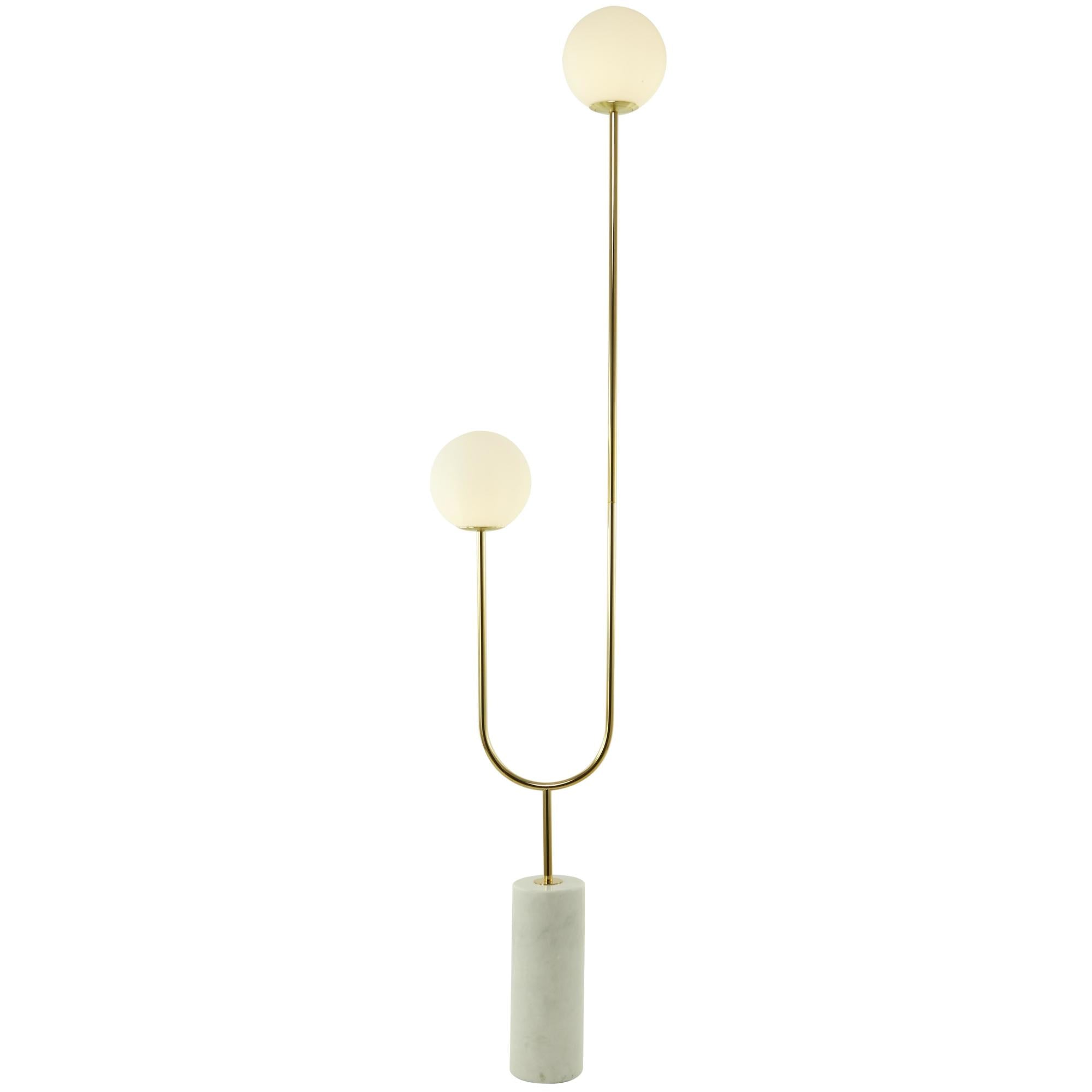 Metal Curved Orb 2 Light Room Floor Lamp with White Glass Shades and Marble Base 16" x 7" x 73"