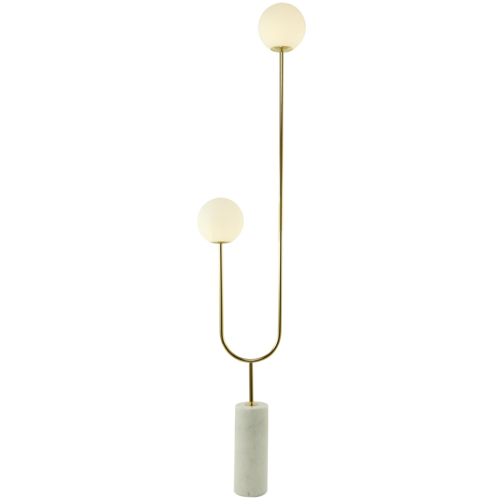 Metal Curved Orb 2 Light Room Floor Lamp with White Glass Shades and Marble Base 16" x 7" x 73"