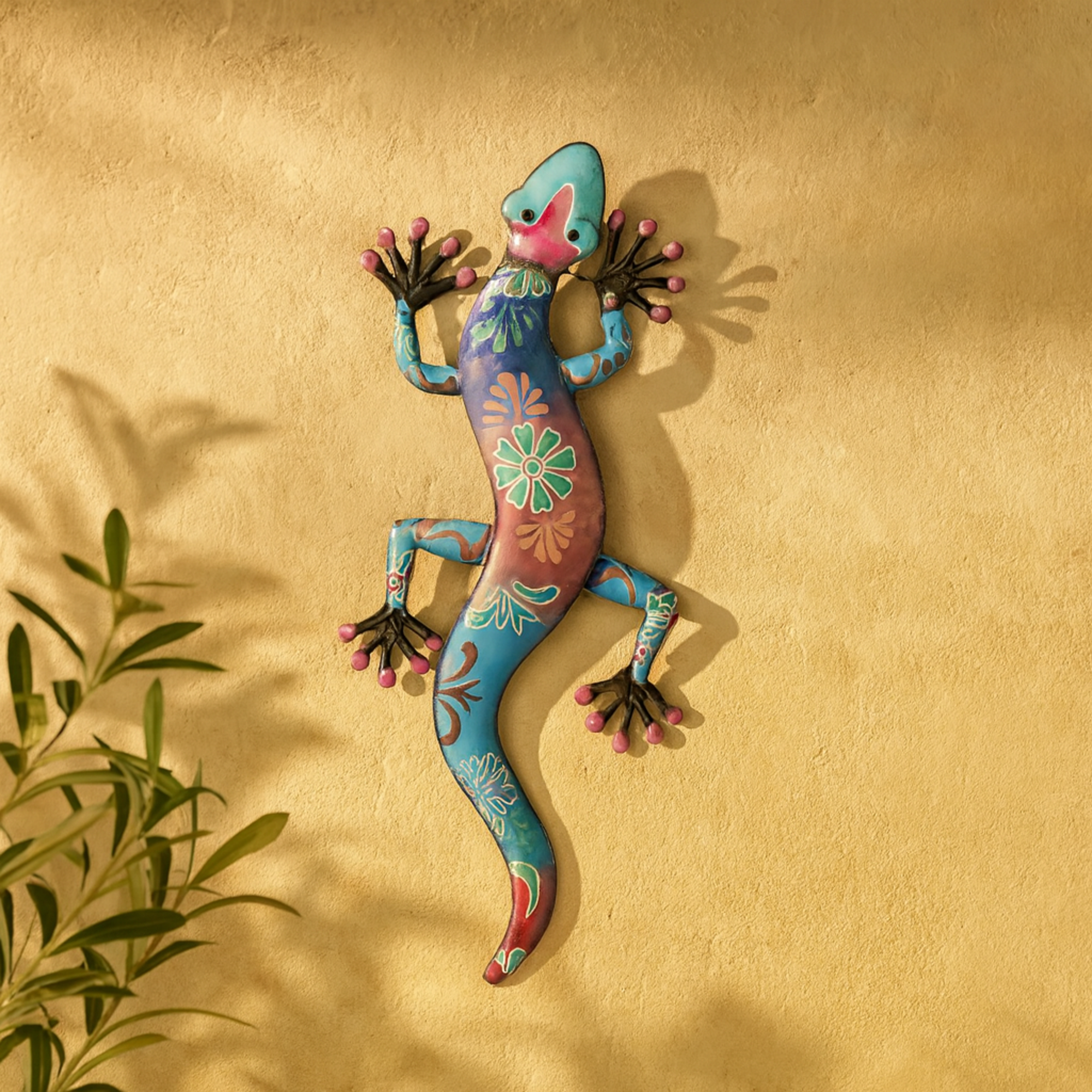 Lizard Metal Indoor Outdoor Home Wall Decor with Teal and Yellow Accents 15" x 2" x 32"