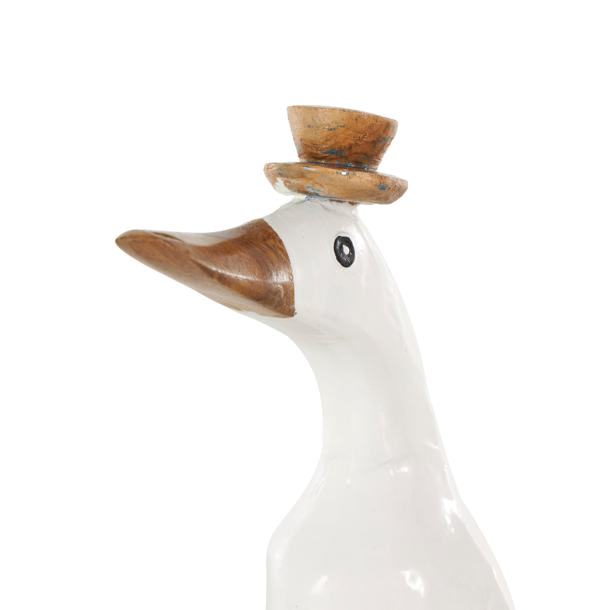 Set of 3 Duck White Bamboo Wood Decorative Sculpture with Brown Top Hats and Shoes