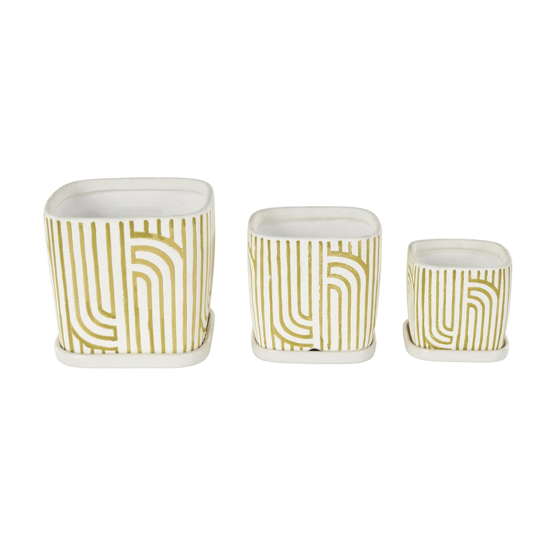 Set of 3 Geometric Ceramic Arched Patterned Indoor Outdoor Planter with Attached Saucer
