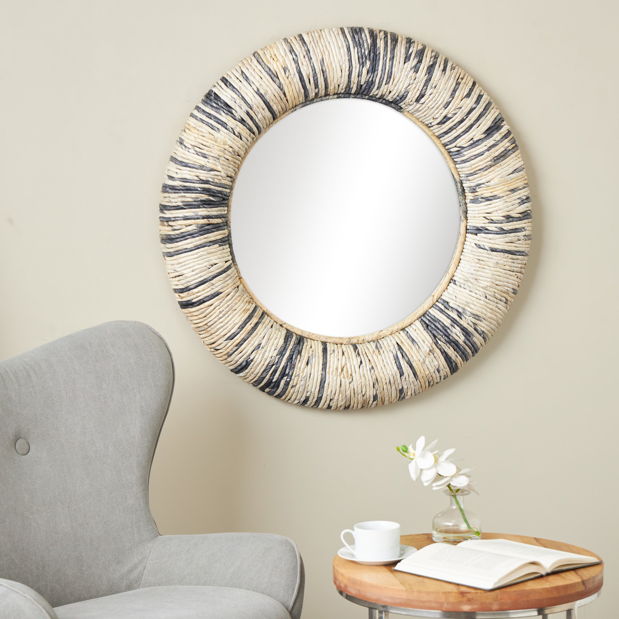 Beige Banana Leaf Room Wall Mirror with Coiled Frame and Blue Accents