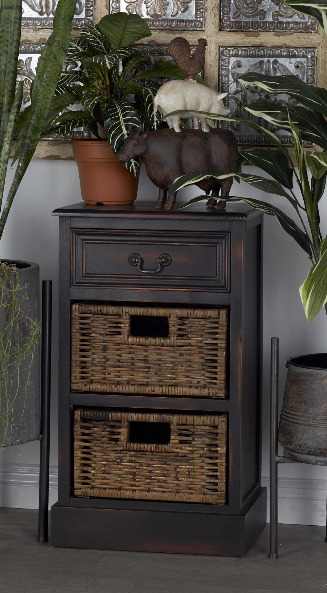 Dark Brown Wood Storage 2 Basket and 1 Drawer Room Storage Unit