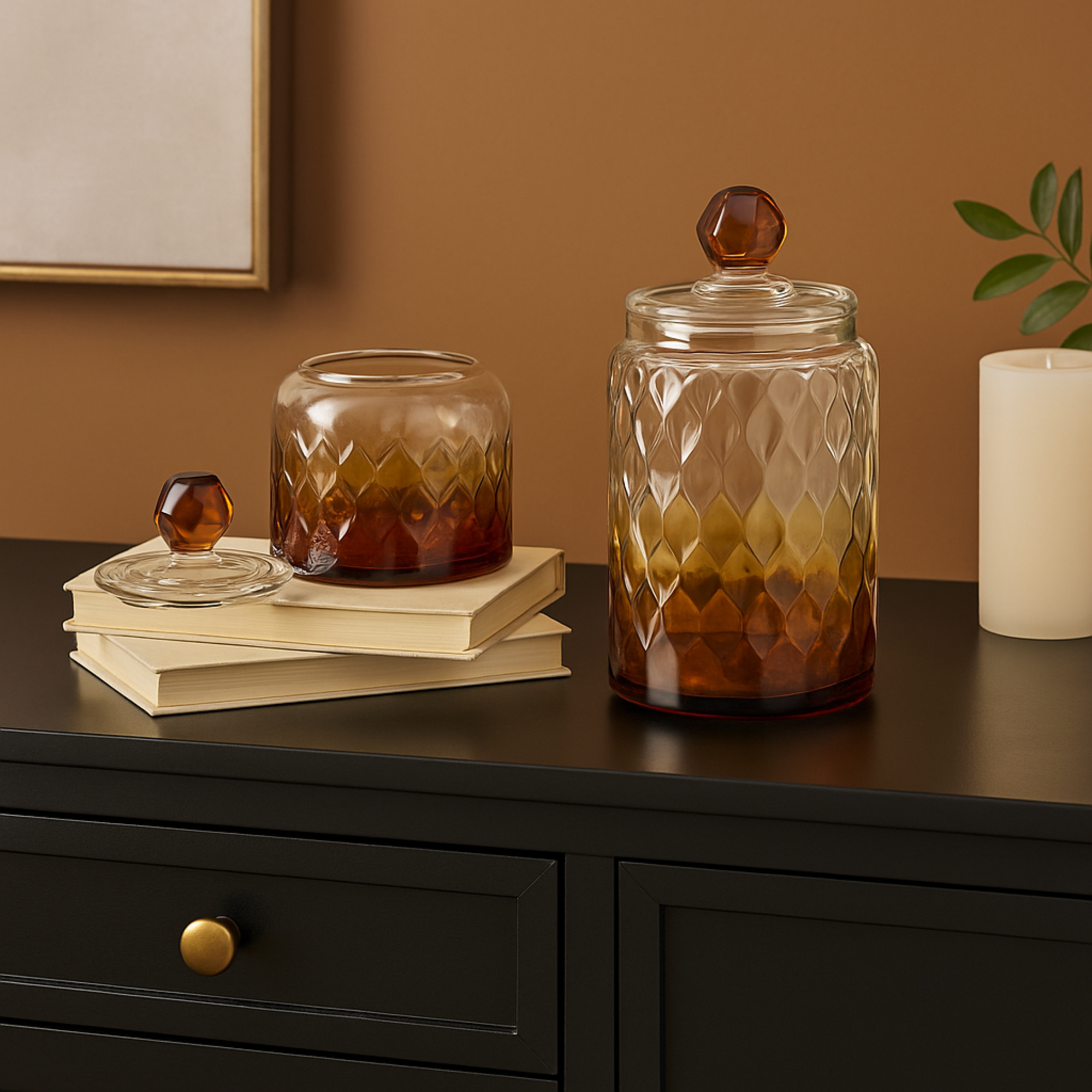 Set of 2 Geometric Orange Glass Faceted Ombre Living Room Decorative Jars with Diamond Knobs