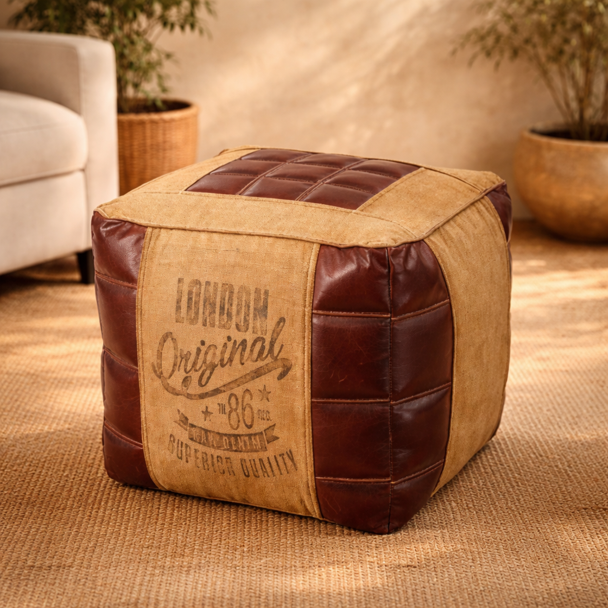 Scroll Canvas France Inspired Stuffed Pouf with Leather Star Pocket and Handles