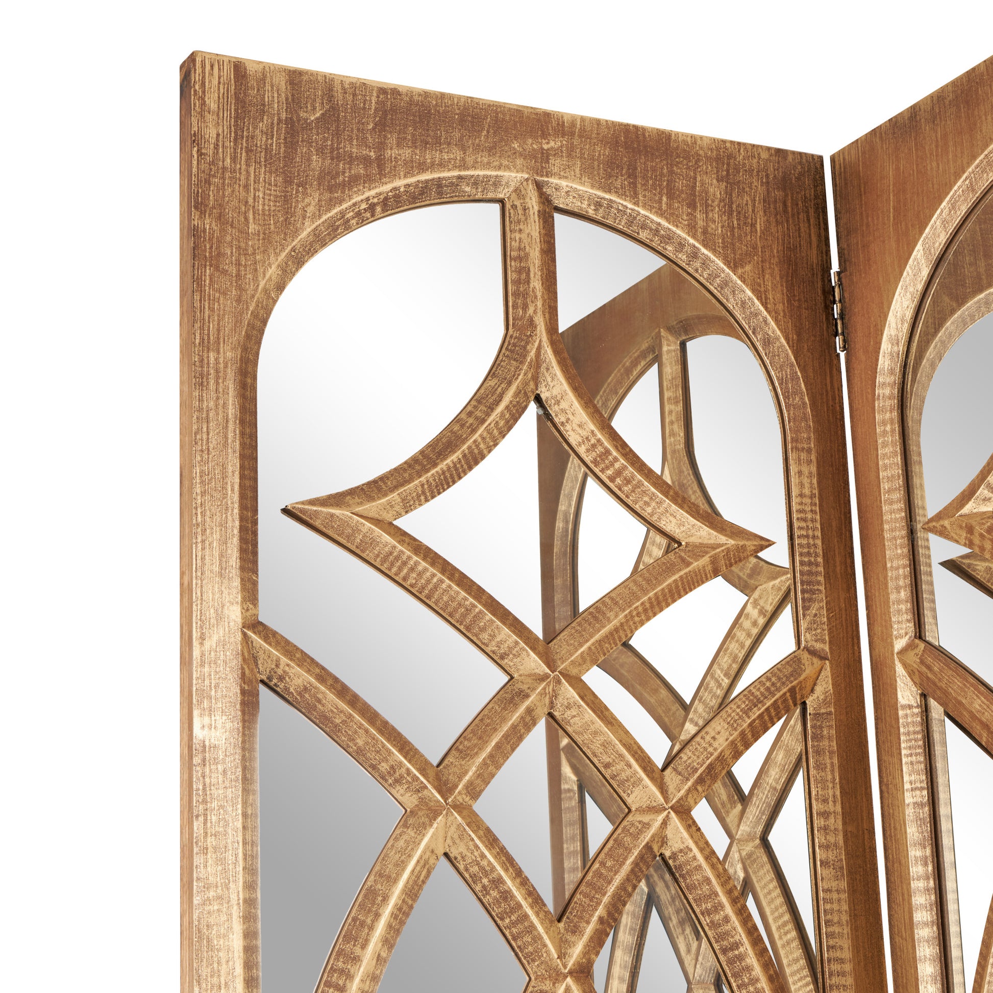 Brown Mango Wood Handmade Hinged Foldable Partition Room Divider Screen with Mirror