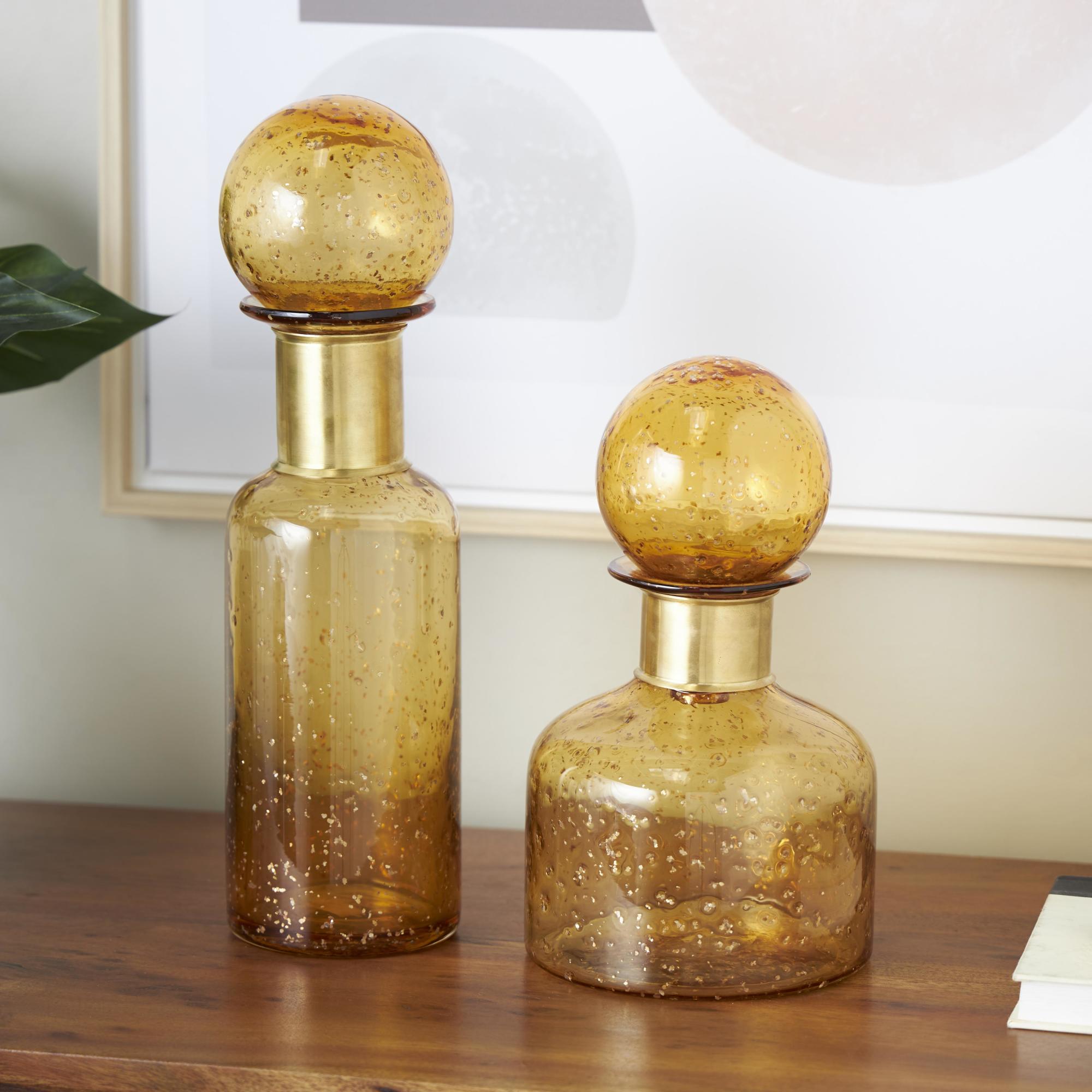 Set of 2 Yellow Glass Speckled Ombre Living Room Decorative Jars with Round Orb Tops