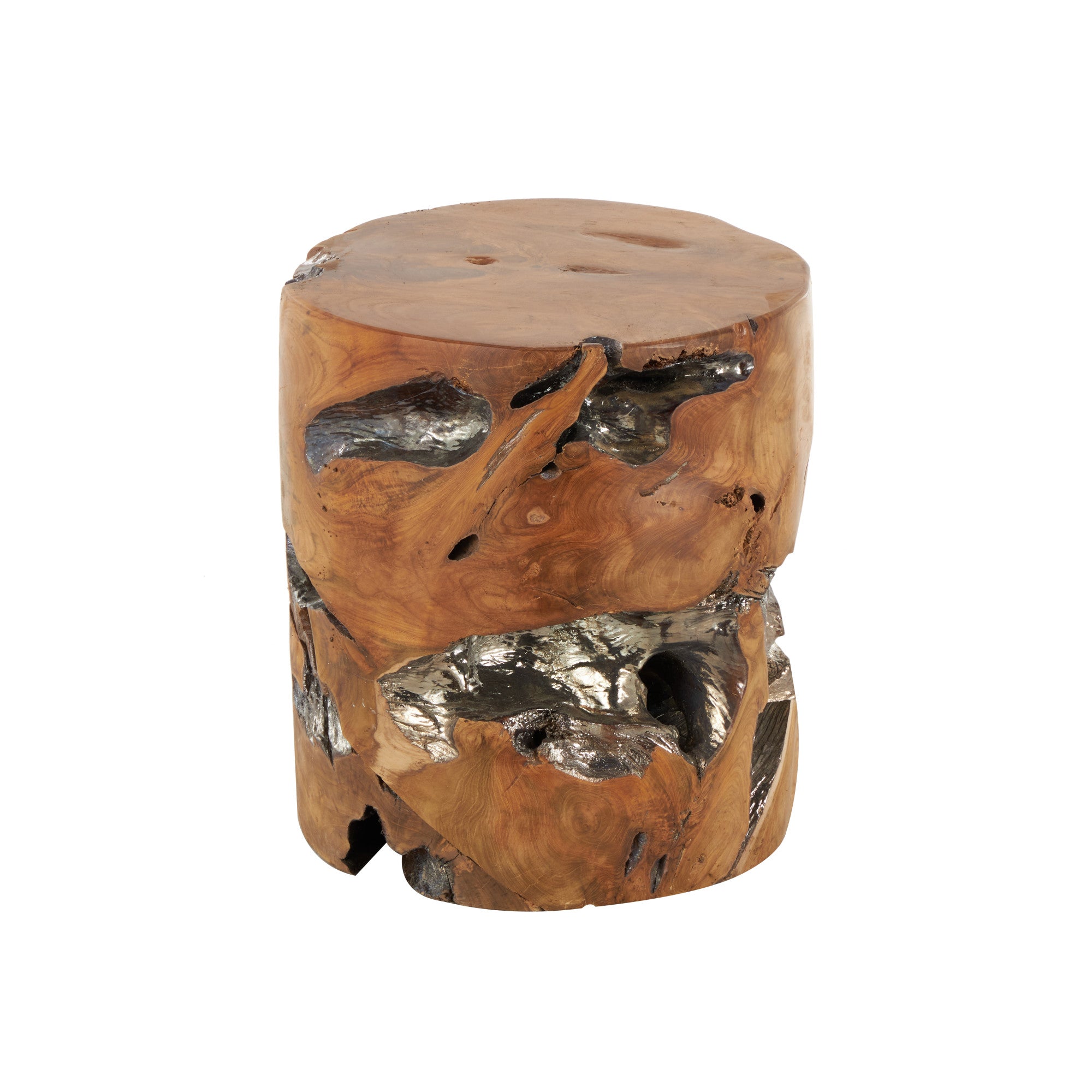 Brown Teak Wood Handmade Live Edge Tree Stump Living Room Stool with Silver Accents