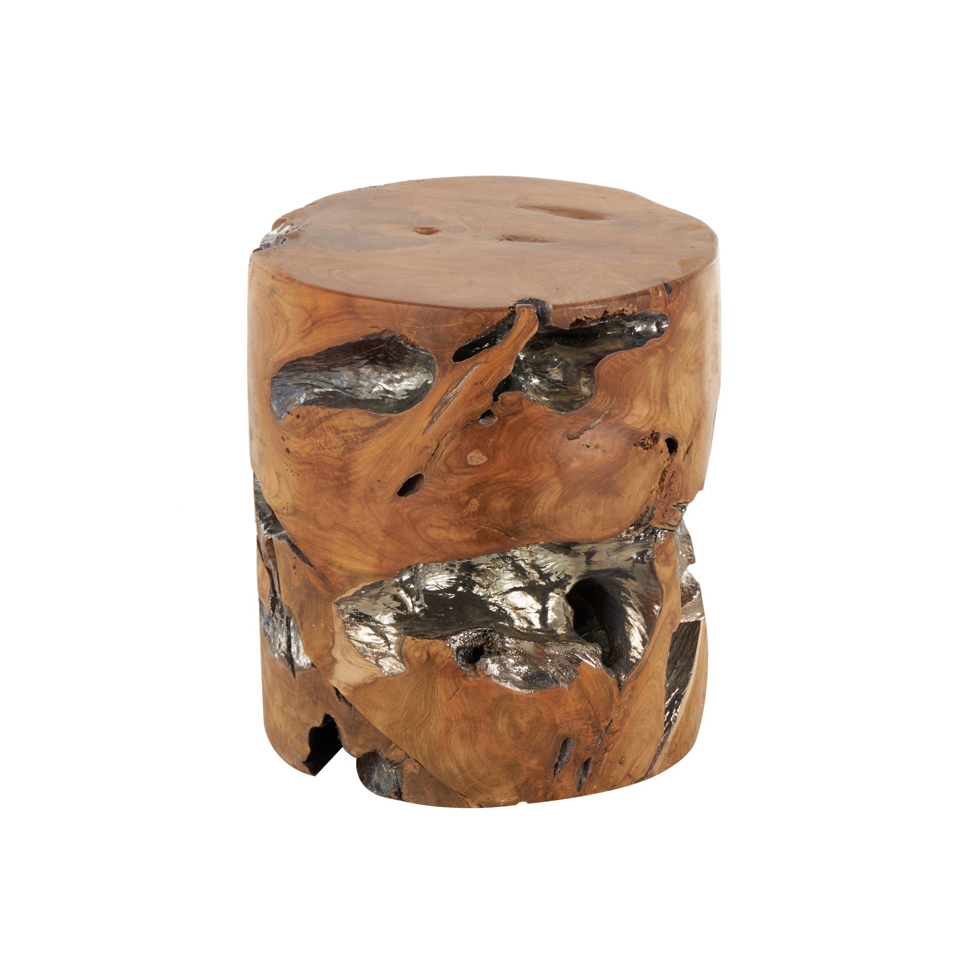 Brown Teak Wood Handmade Live Edge Tree Stump Living Room Stool with Silver Accents
