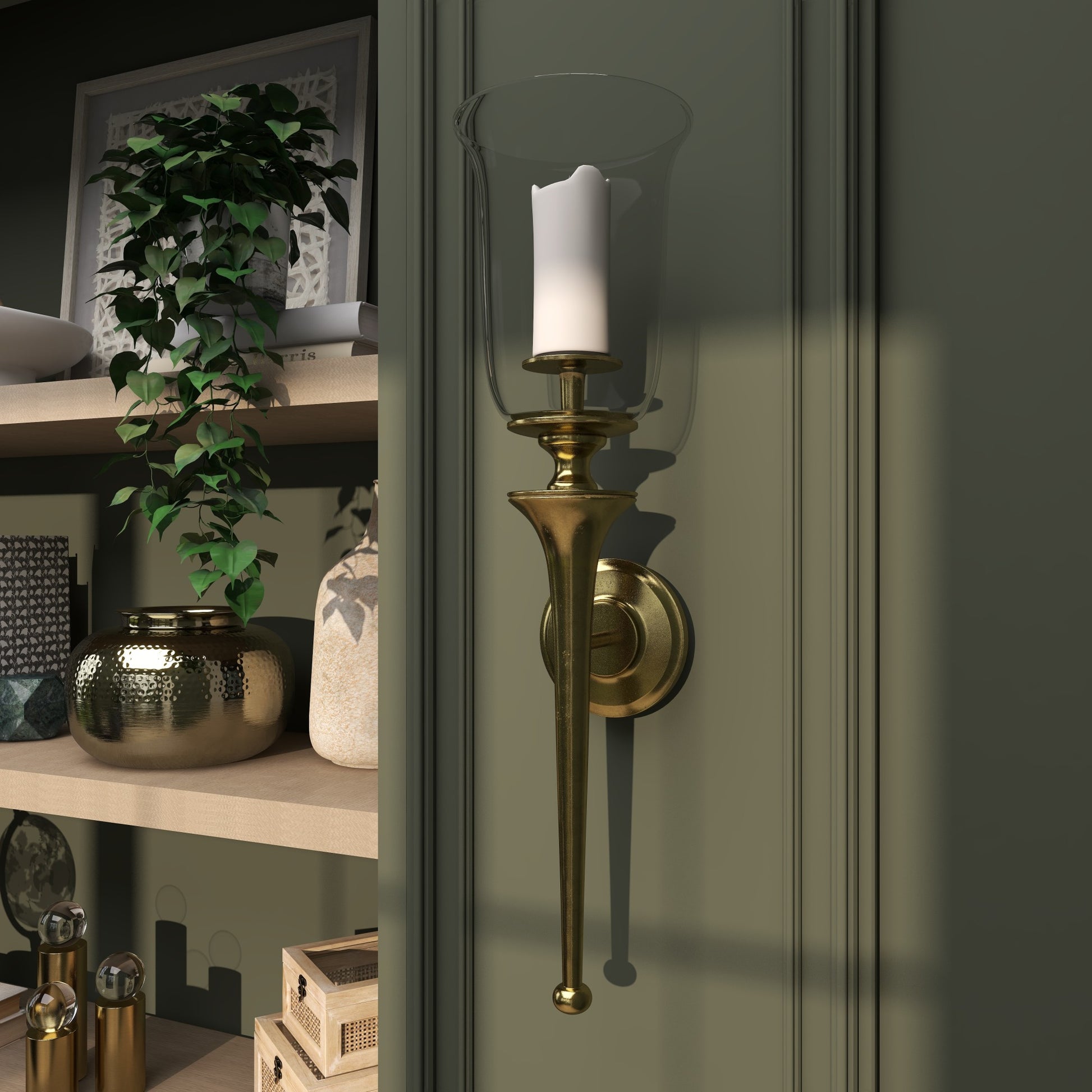 Gold Aluminum Metal Single Candle Indoor Outdoor Wall Sconce with Glass Holder