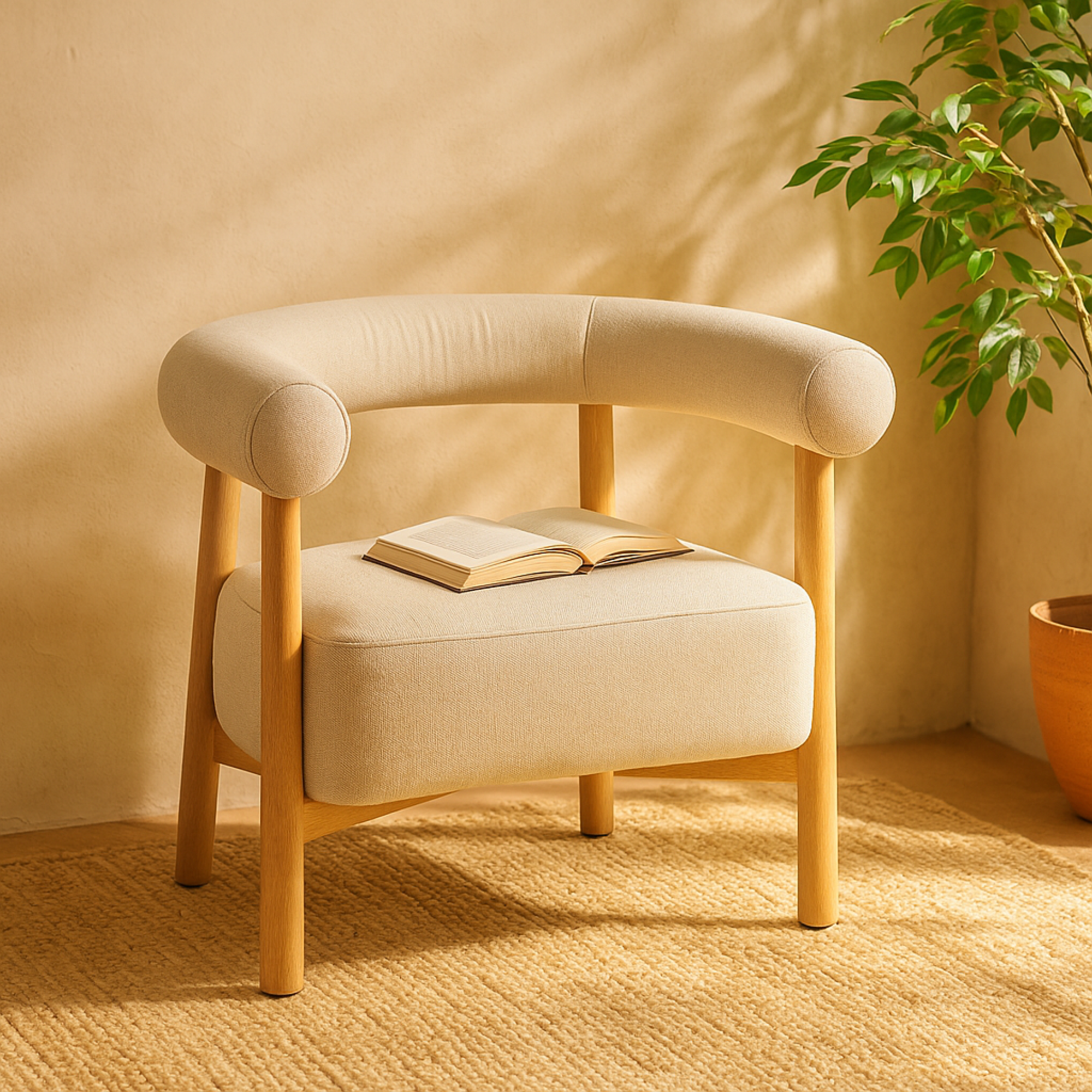 Beige Polyester Curved Back Mid Century Modern Round Boucle Living Room Accent Chair with Wood Frame