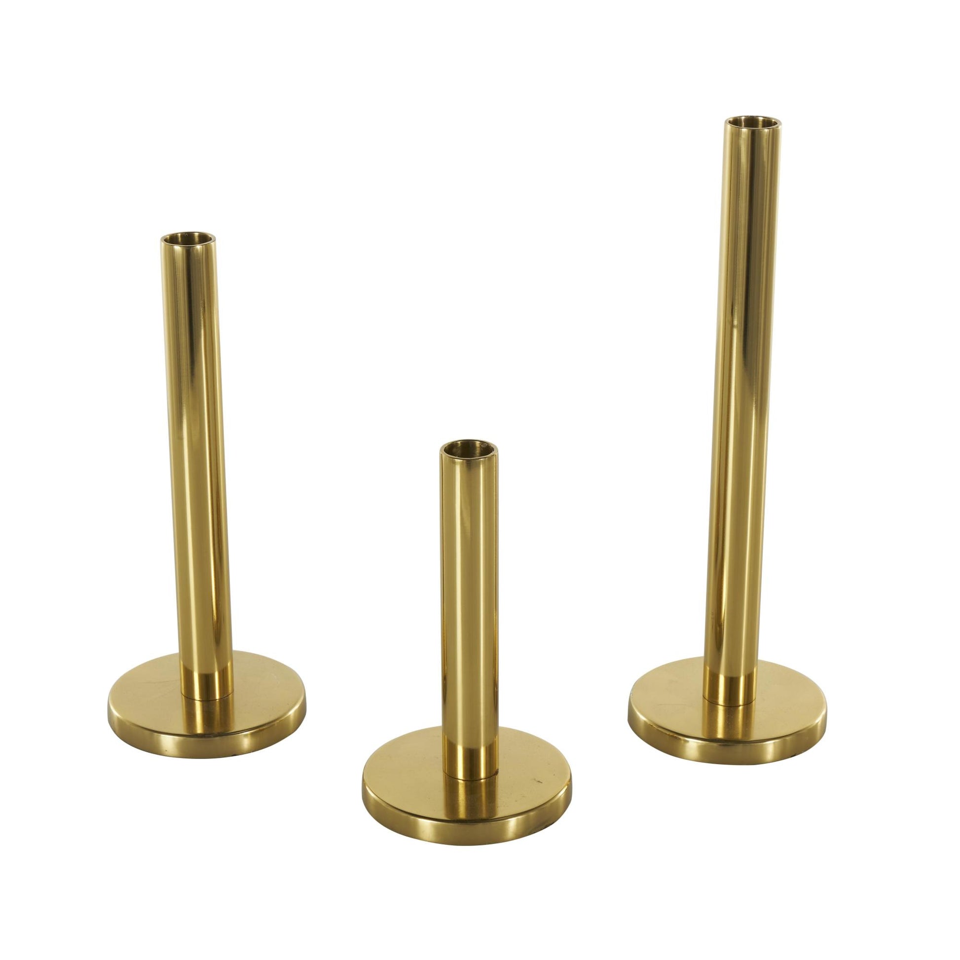 Set of 3 Gold Stainless Steel Metal Slim Decorative Candle Holder with Round Base